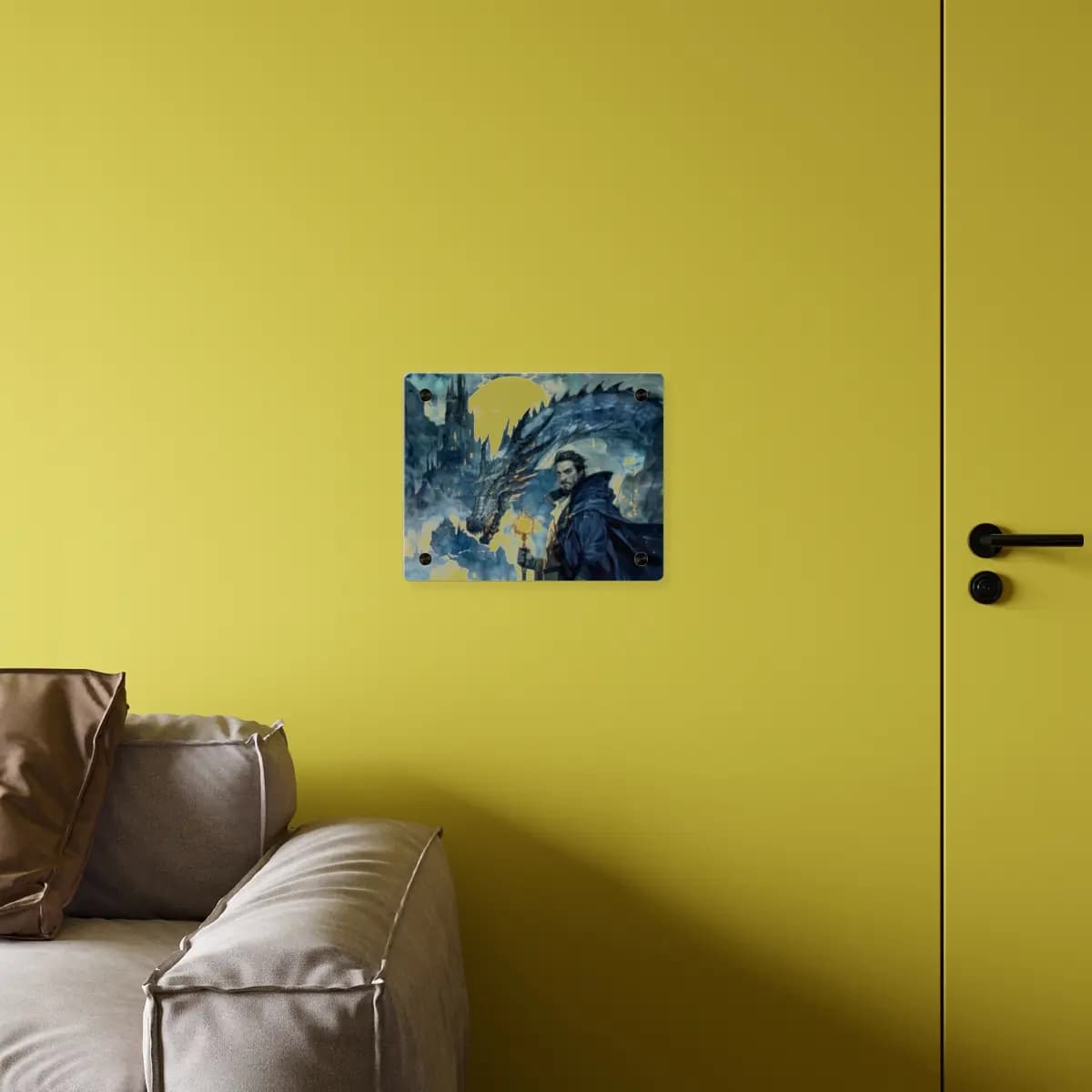 The Mage and the Dragon Beneath the Moon - Acrylic Wall Art Panels mockup angle 4
