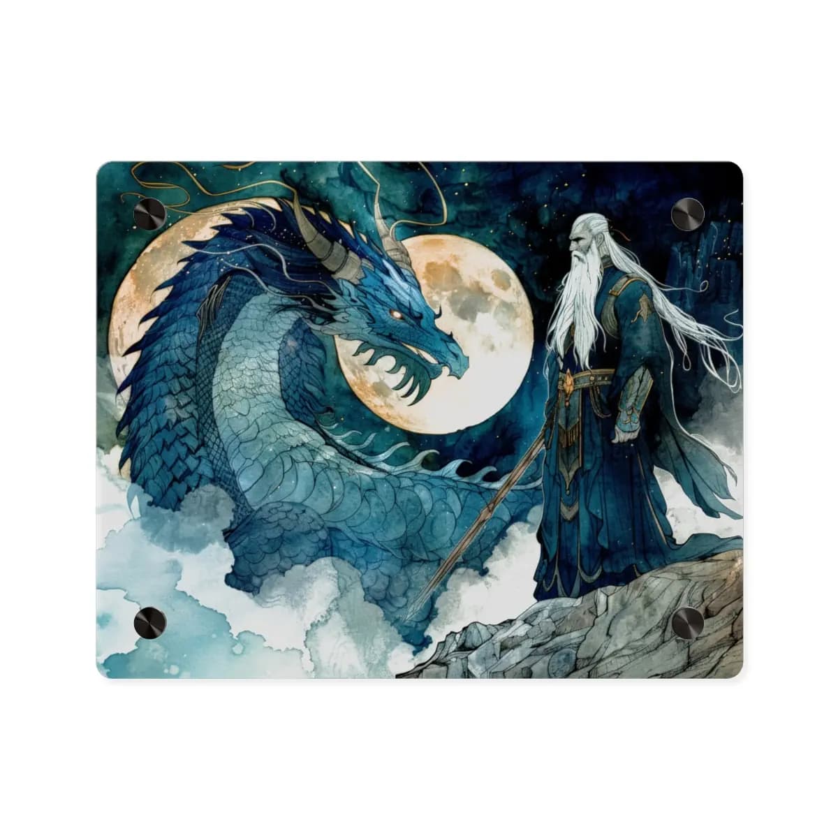The Sage and the Dragon Beneath the Golden Moon - Acrylic Wall Art Panels mockup angle 1