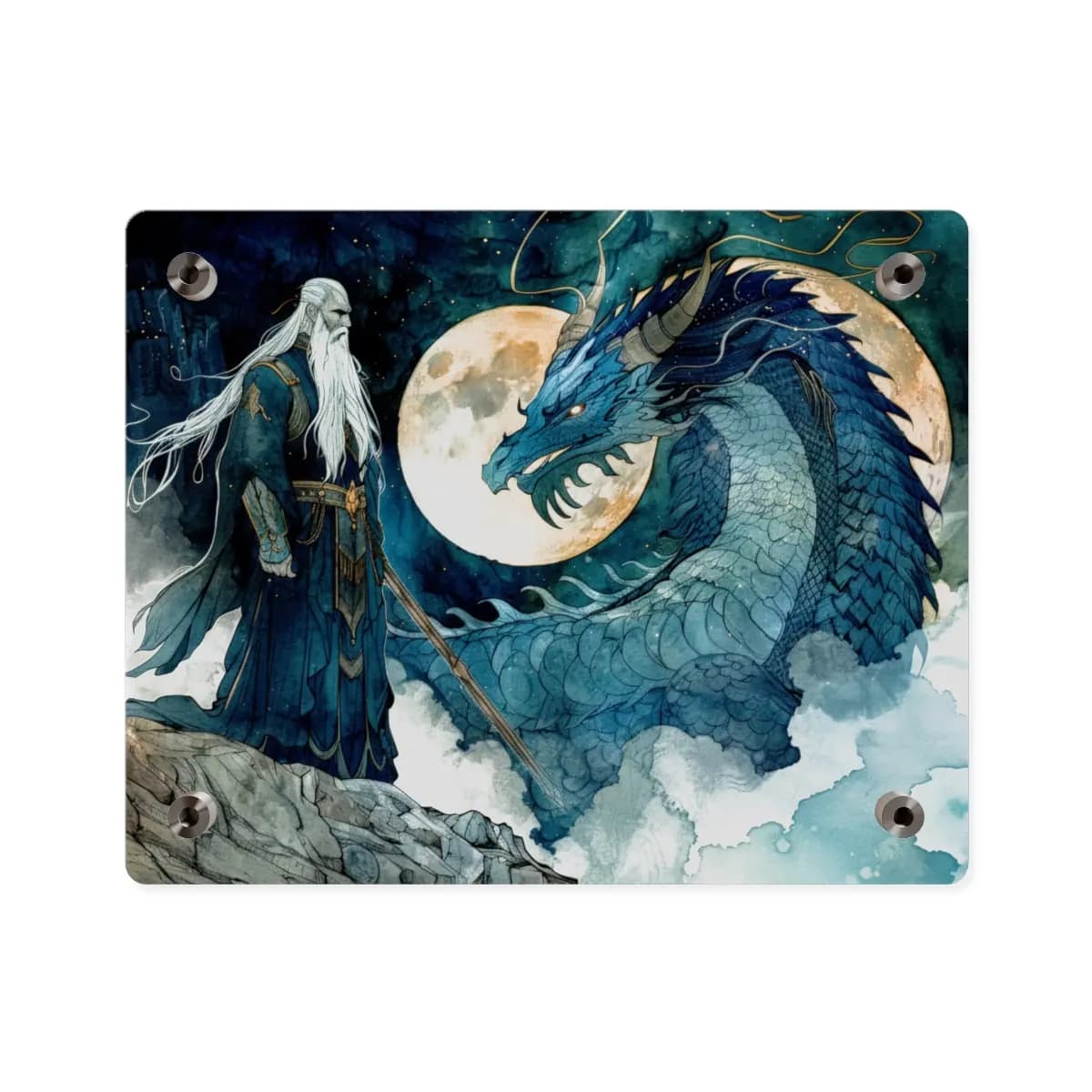 The Sage and the Dragon Beneath the Golden Moon - Acrylic Wall Art Panels mockup angle 2
