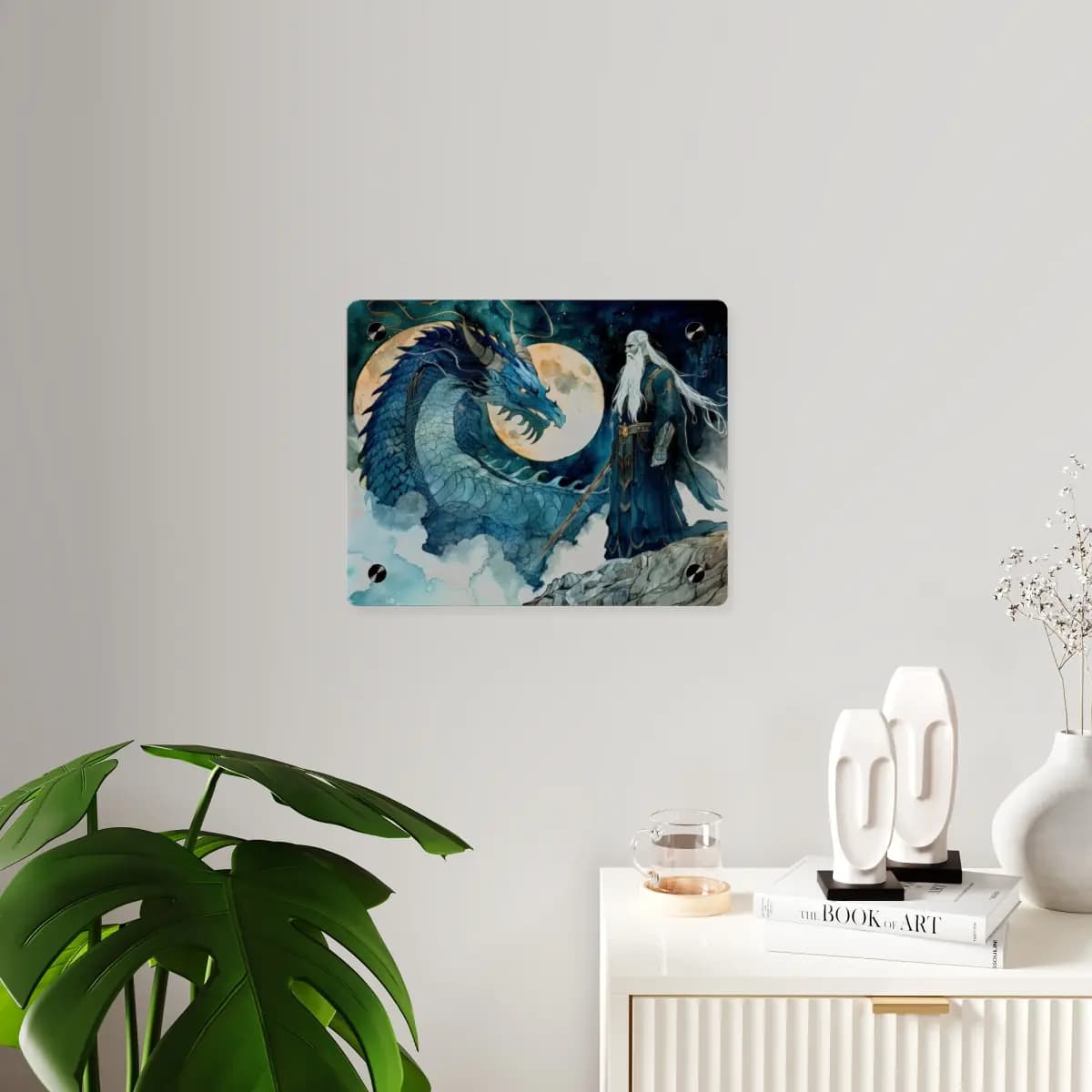 The Sage and the Dragon Beneath the Golden Moon - Acrylic Wall Art Panels mockup angle 3