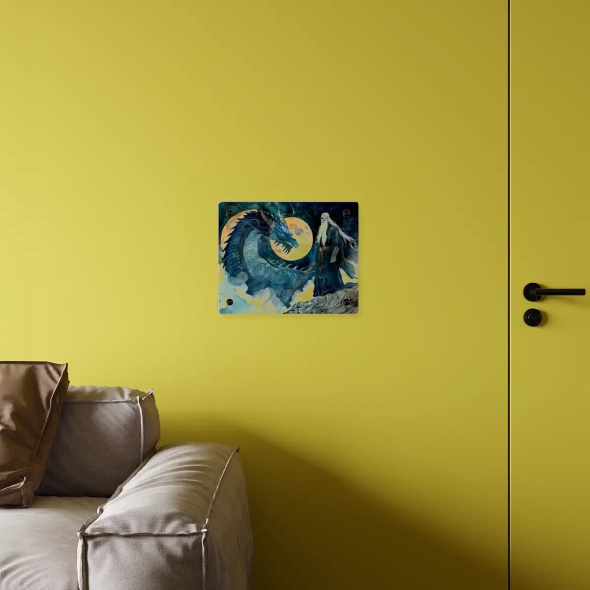 The Sage and the Dragon Beneath the Golden Moon - Acrylic Wall Art Panels mockup angle 4