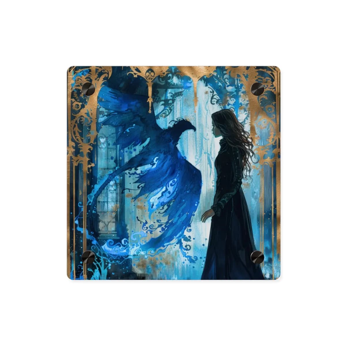 The Woman and the Sapphire Phoenix - Acrylic Wall Art Panels mockup angle 1