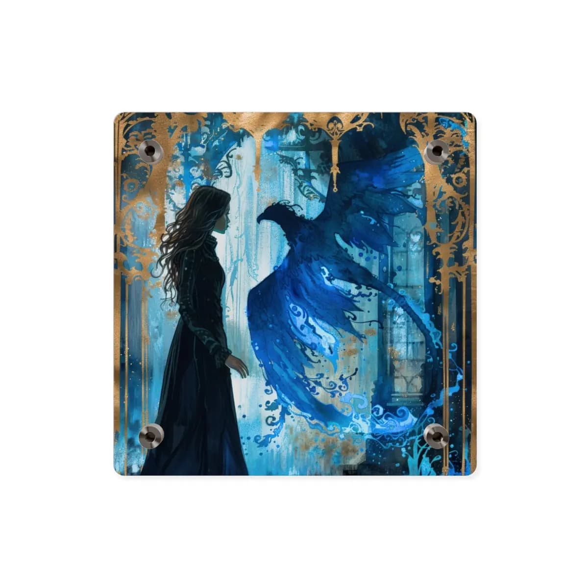 The Woman and the Sapphire Phoenix - Acrylic Wall Art Panels mockup angle 2