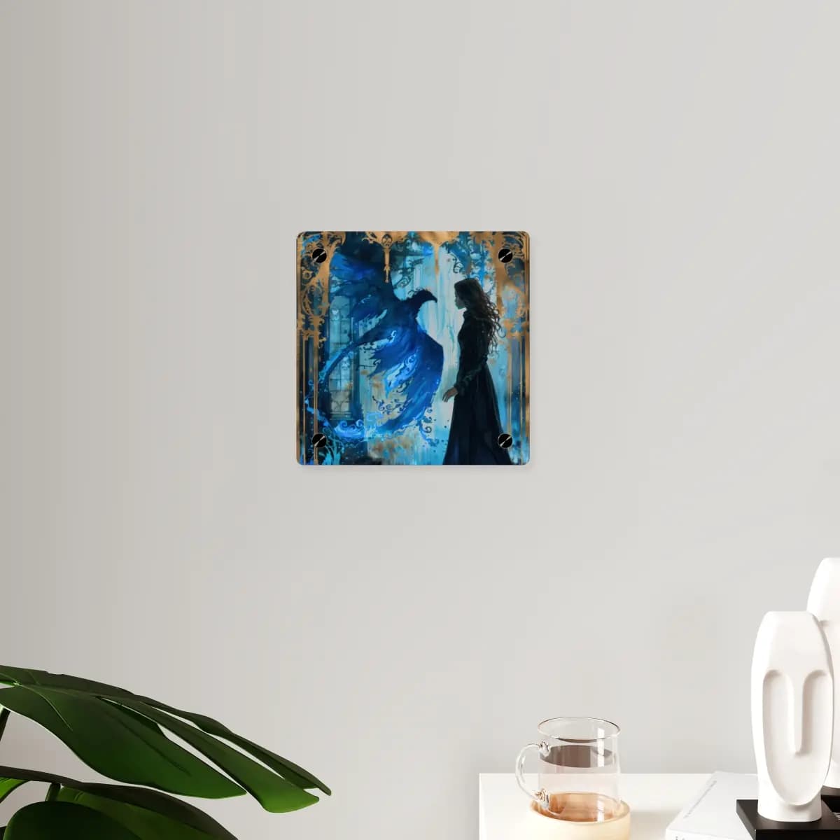 The Woman and the Sapphire Phoenix - Acrylic Wall Art Panels mockup angle 3