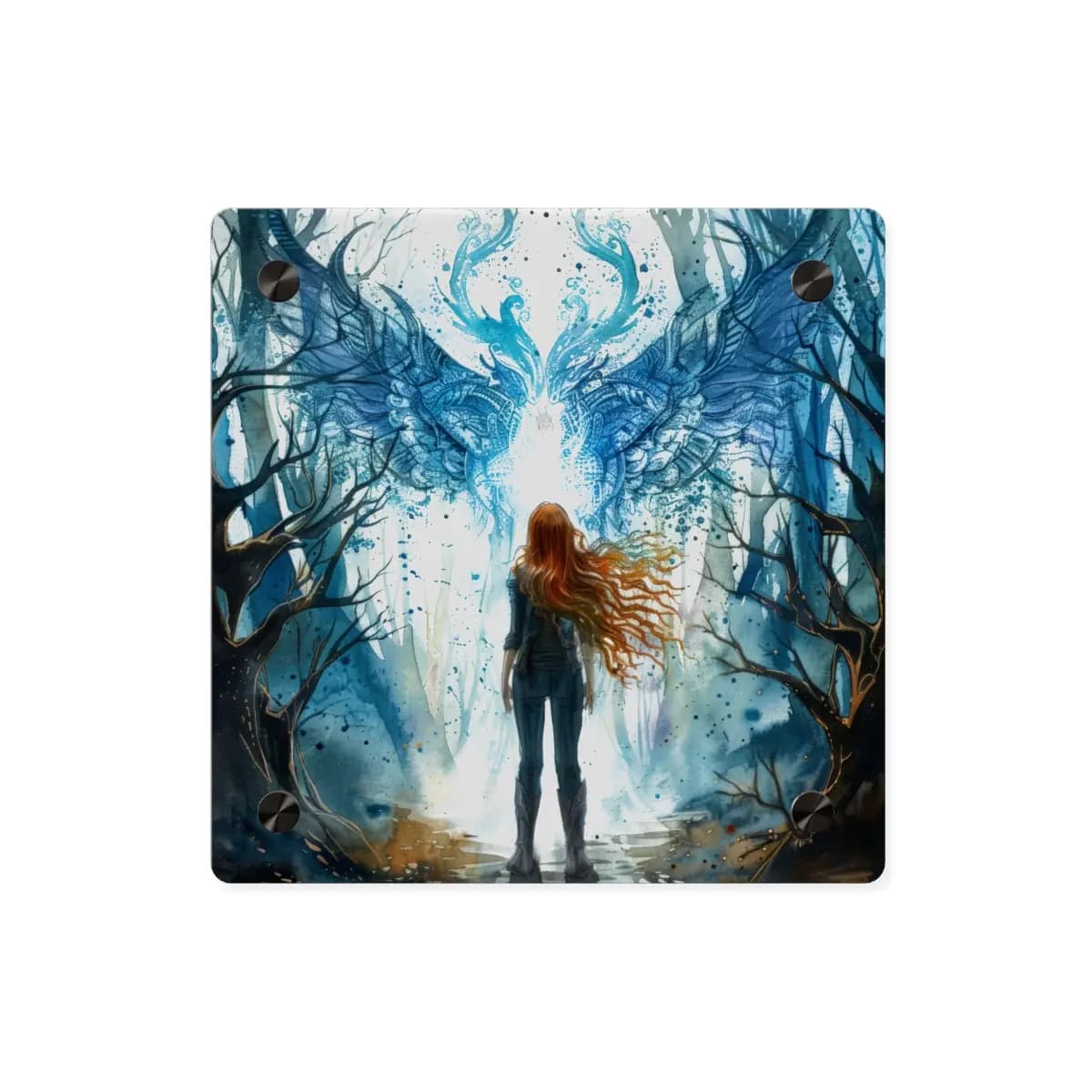 The Keeper Faces the Winged Dragon Spirit - Acrylic Wall Art Panels mockup angle 1