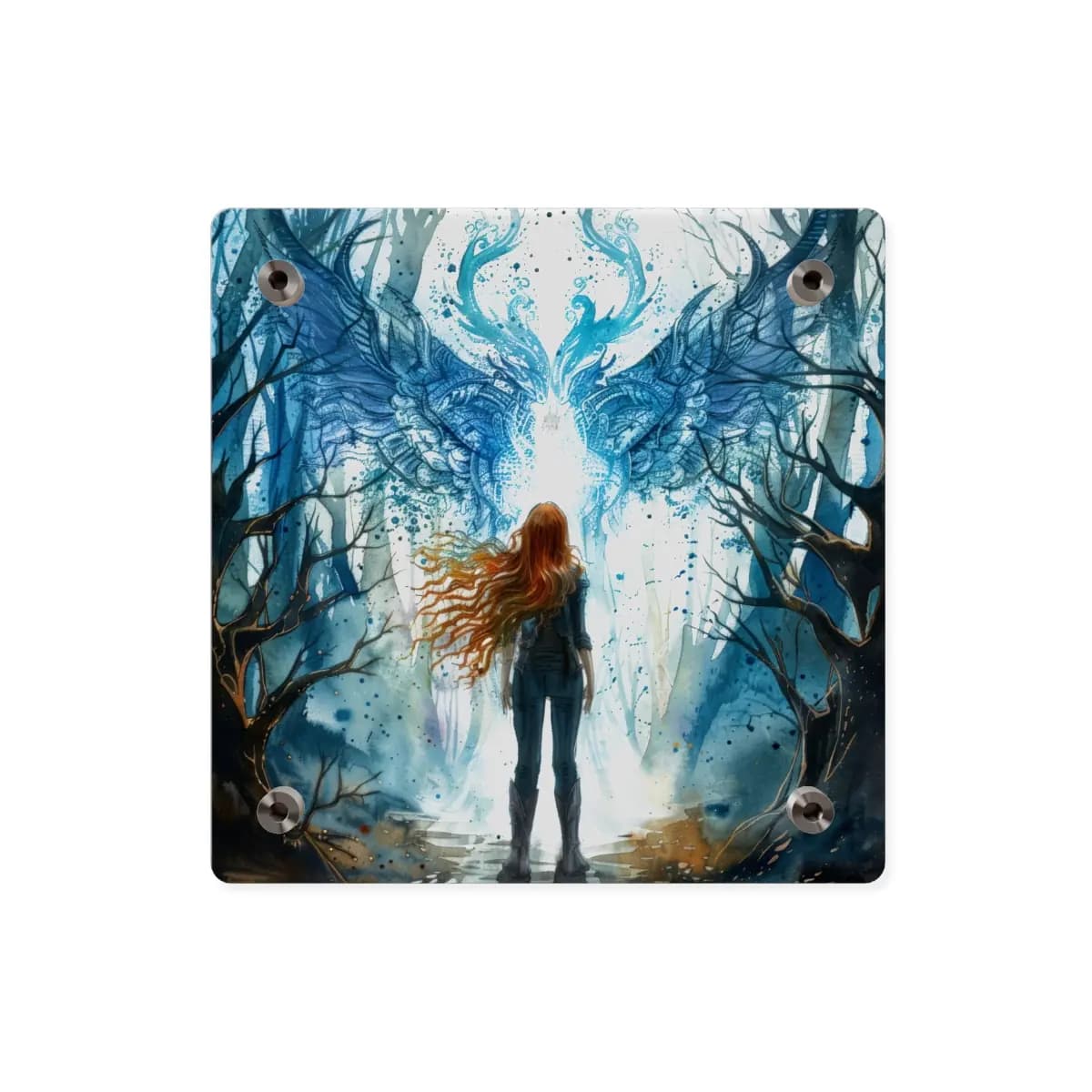The Keeper Faces the Winged Dragon Spirit - Acrylic Wall Art Panels mockup angle 2