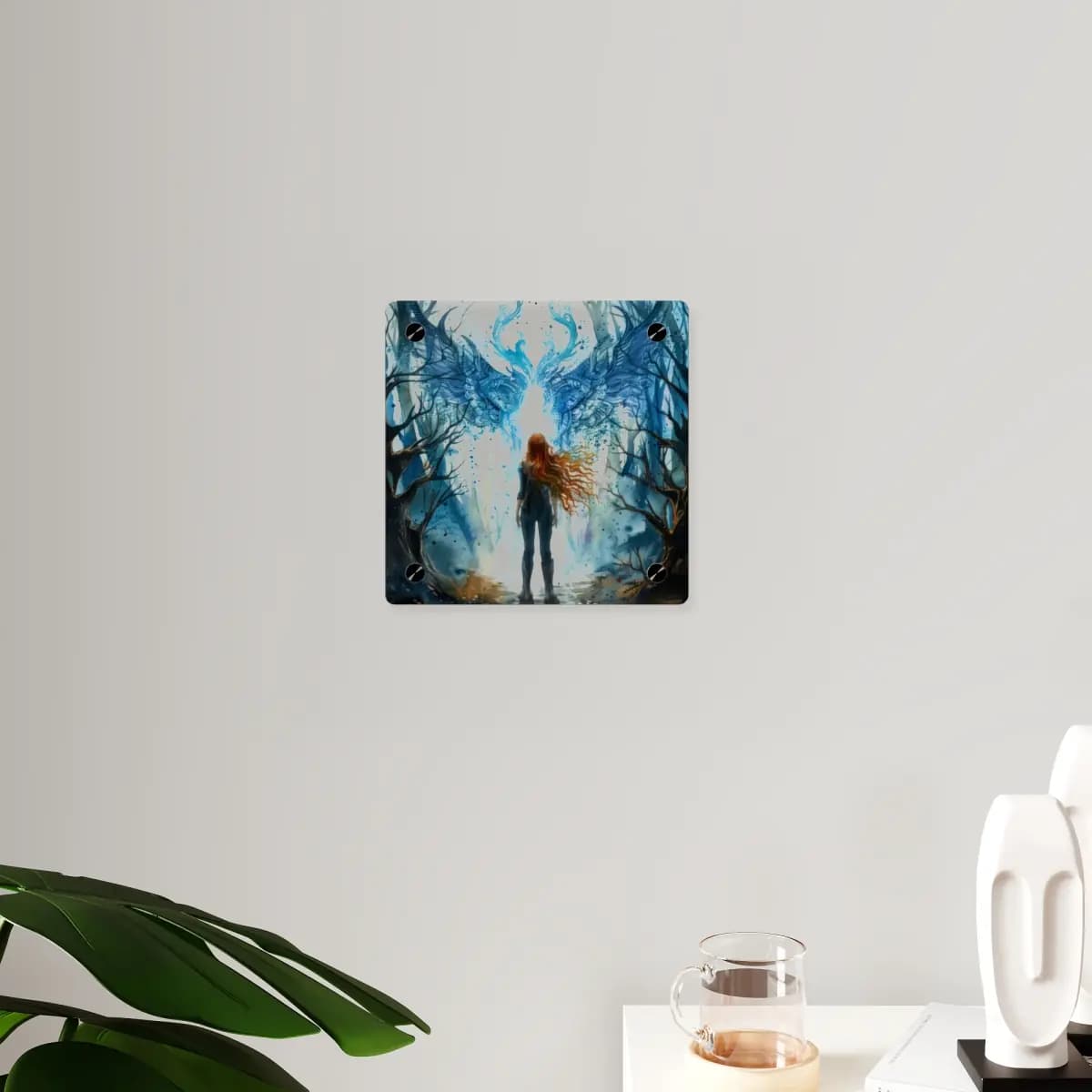 The Keeper Faces the Winged Dragon Spirit - Acrylic Wall Art Panels mockup angle 3