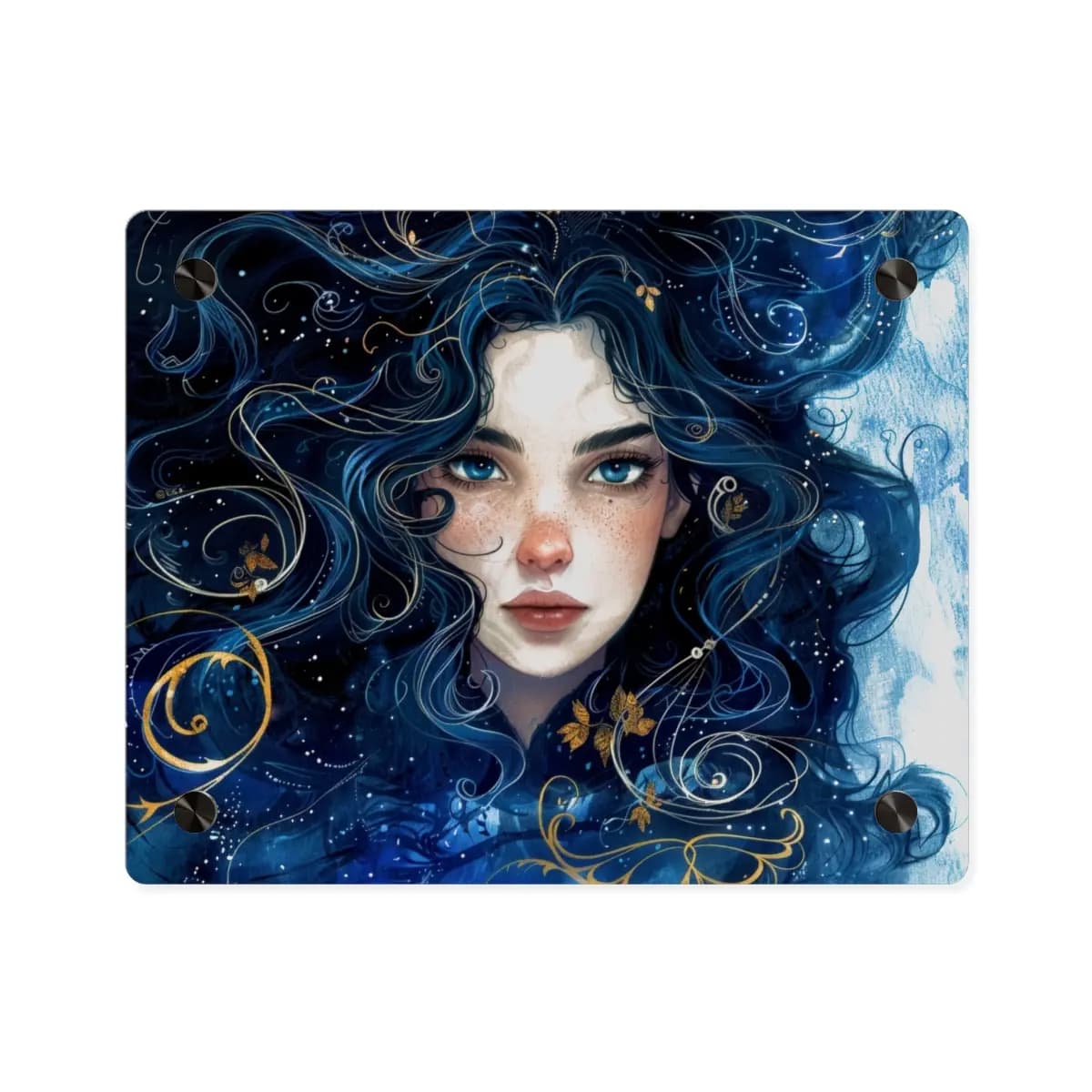 The Girl with Ocean Hair and Golden Scrolls - Acrylic Wall Art Panels mockup angle 1