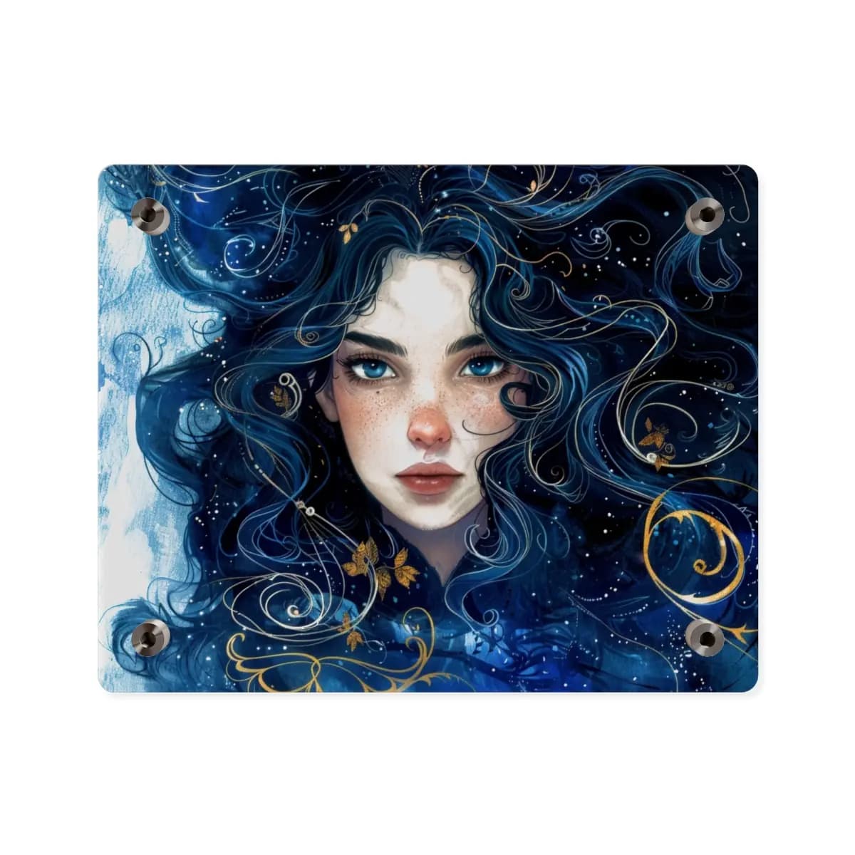 The Girl with Ocean Hair and Golden Scrolls - Acrylic Wall Art Panels mockup angle 2