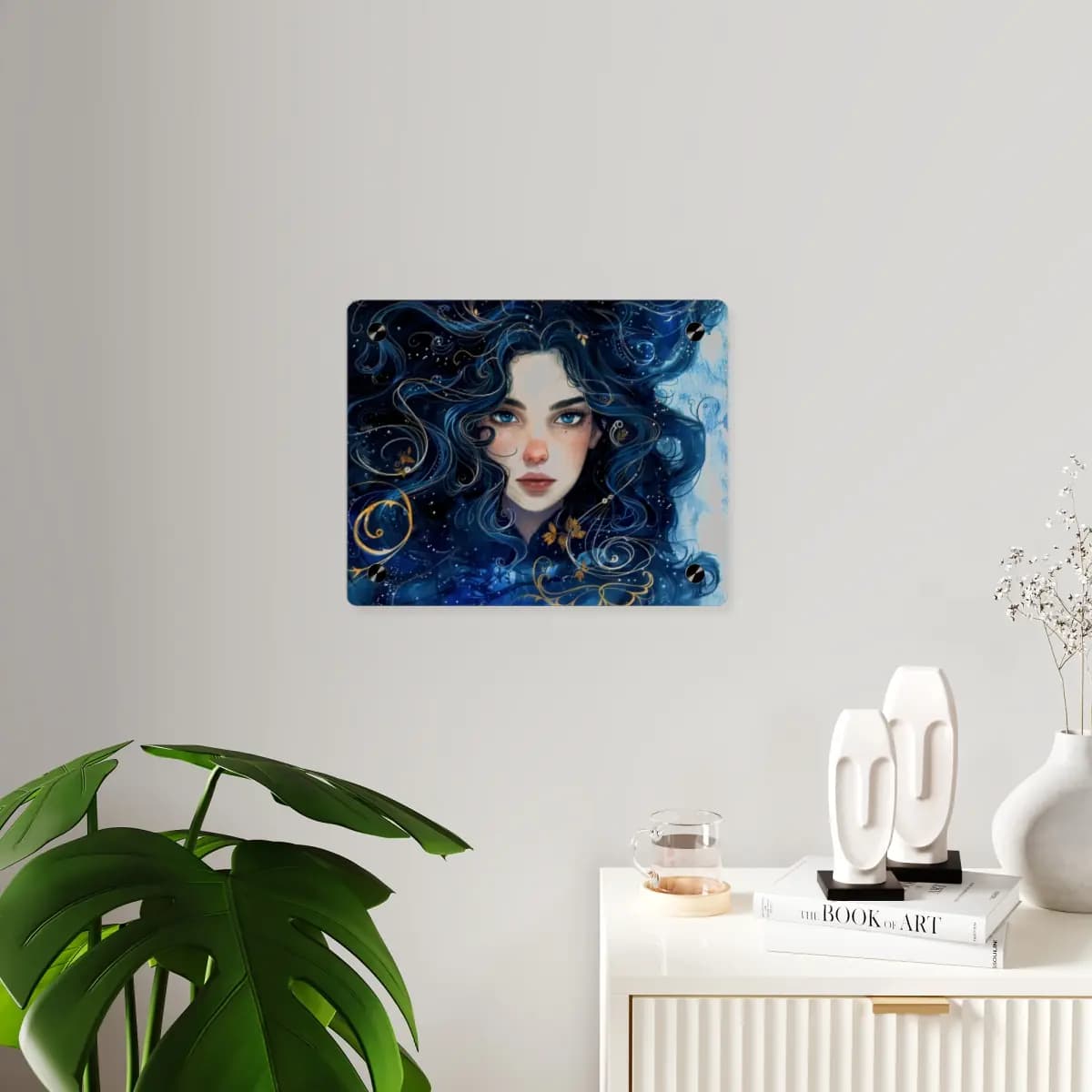 The Girl with Ocean Hair and Golden Scrolls - Acrylic Wall Art Panels mockup angle 3