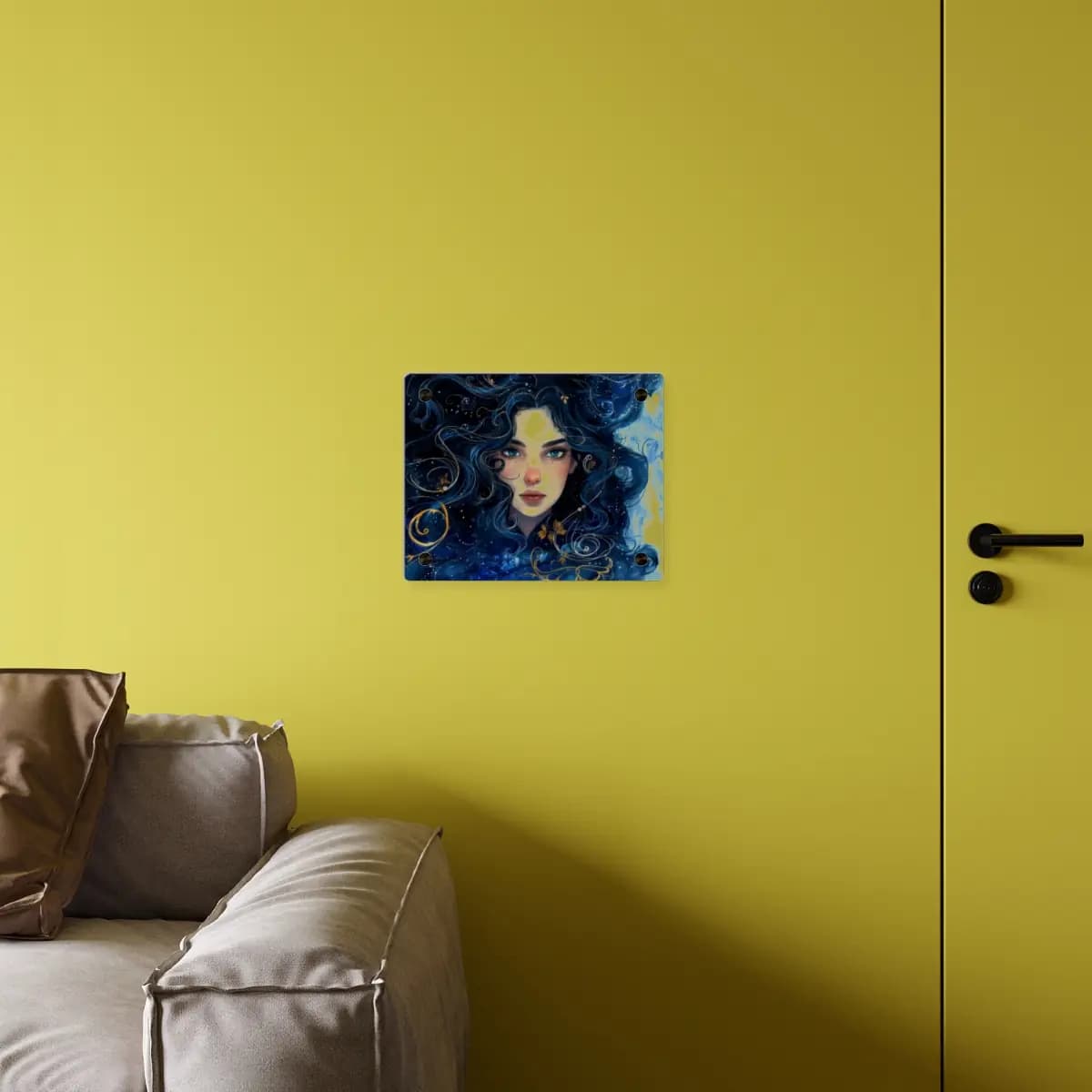 The Girl with Ocean Hair and Golden Scrolls - Acrylic Wall Art Panels mockup angle 4