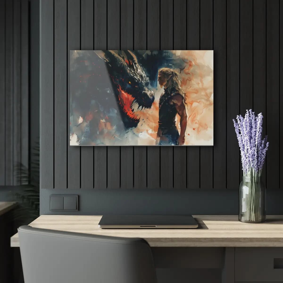 The Elf and the Fire-Breathing Dragon - Acrylic Prints (French Cleat Hanging) mockup angle 5