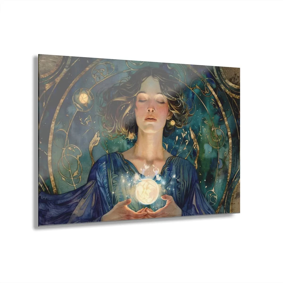 Enchantress Cradling a Golden Orb of Light - Acrylic Prints (French Cleat Hanging) mockup angle 1
