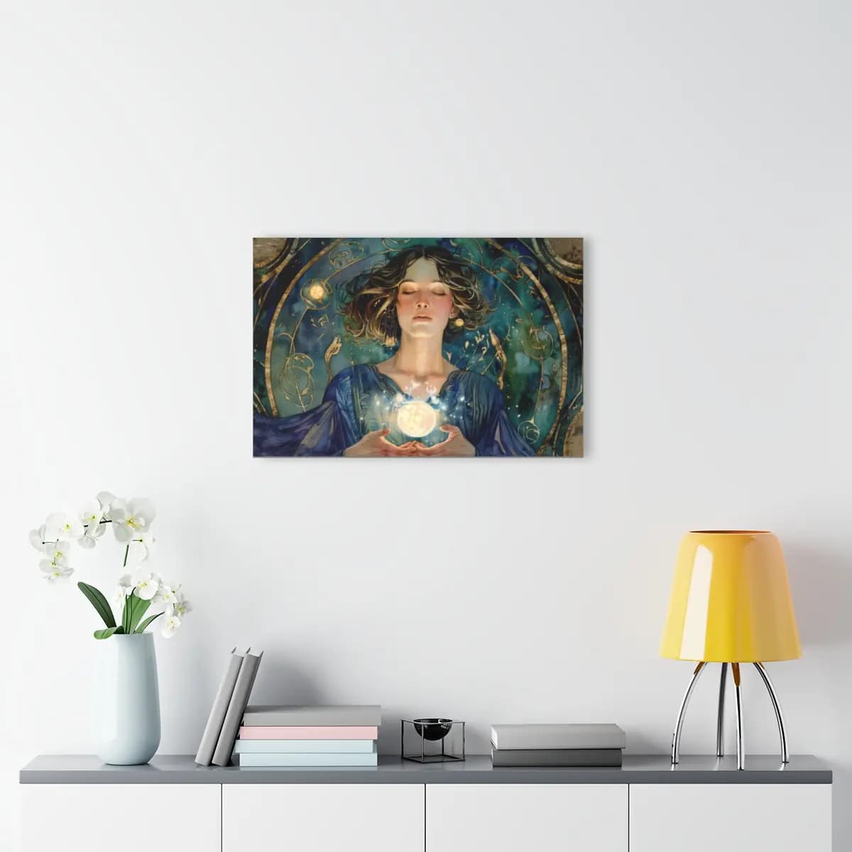 Enchantress Cradling a Golden Orb of Light - Acrylic Prints (French Cleat Hanging) mockup angle 4