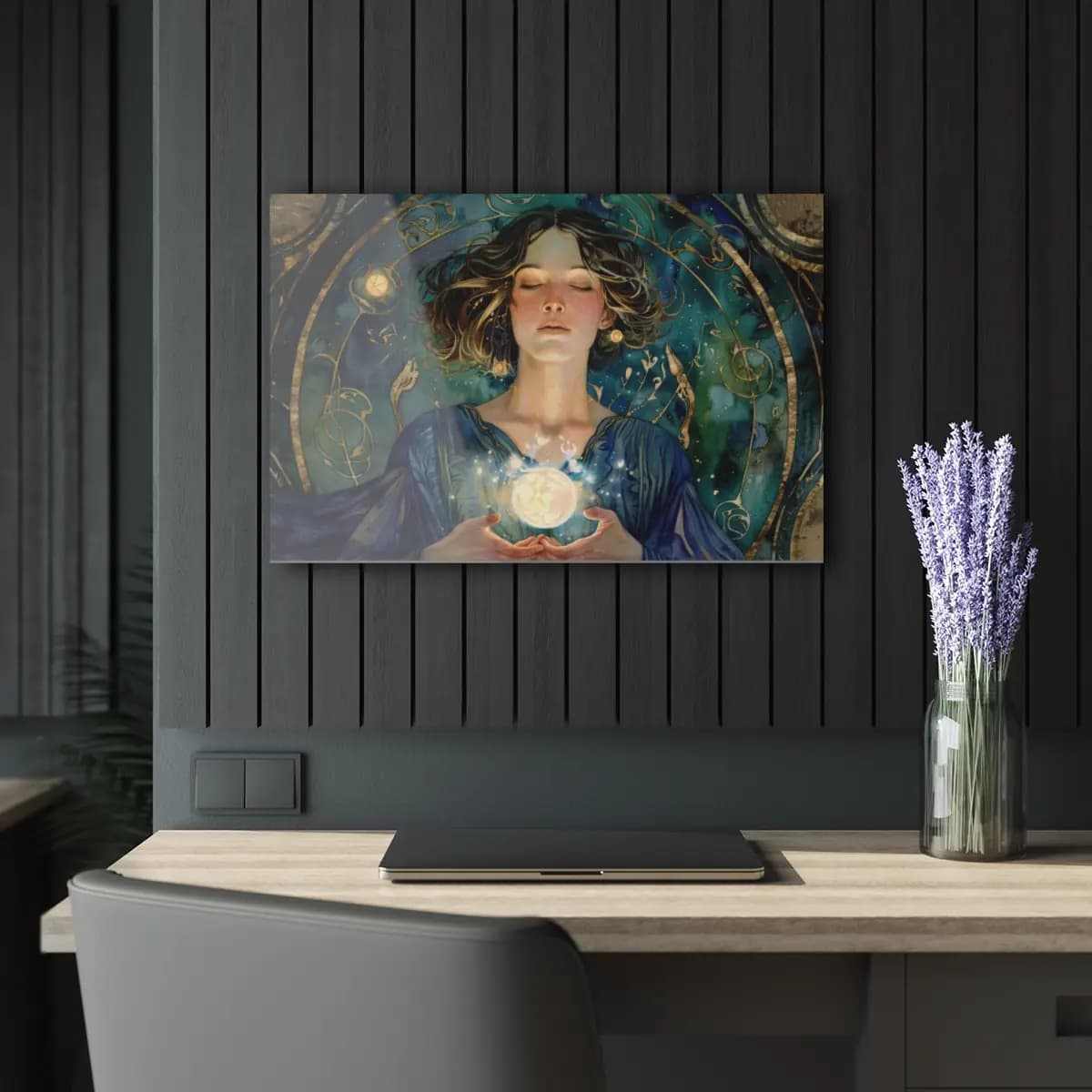Enchantress Cradling a Golden Orb of Light - Acrylic Prints (French Cleat Hanging) mockup angle 5