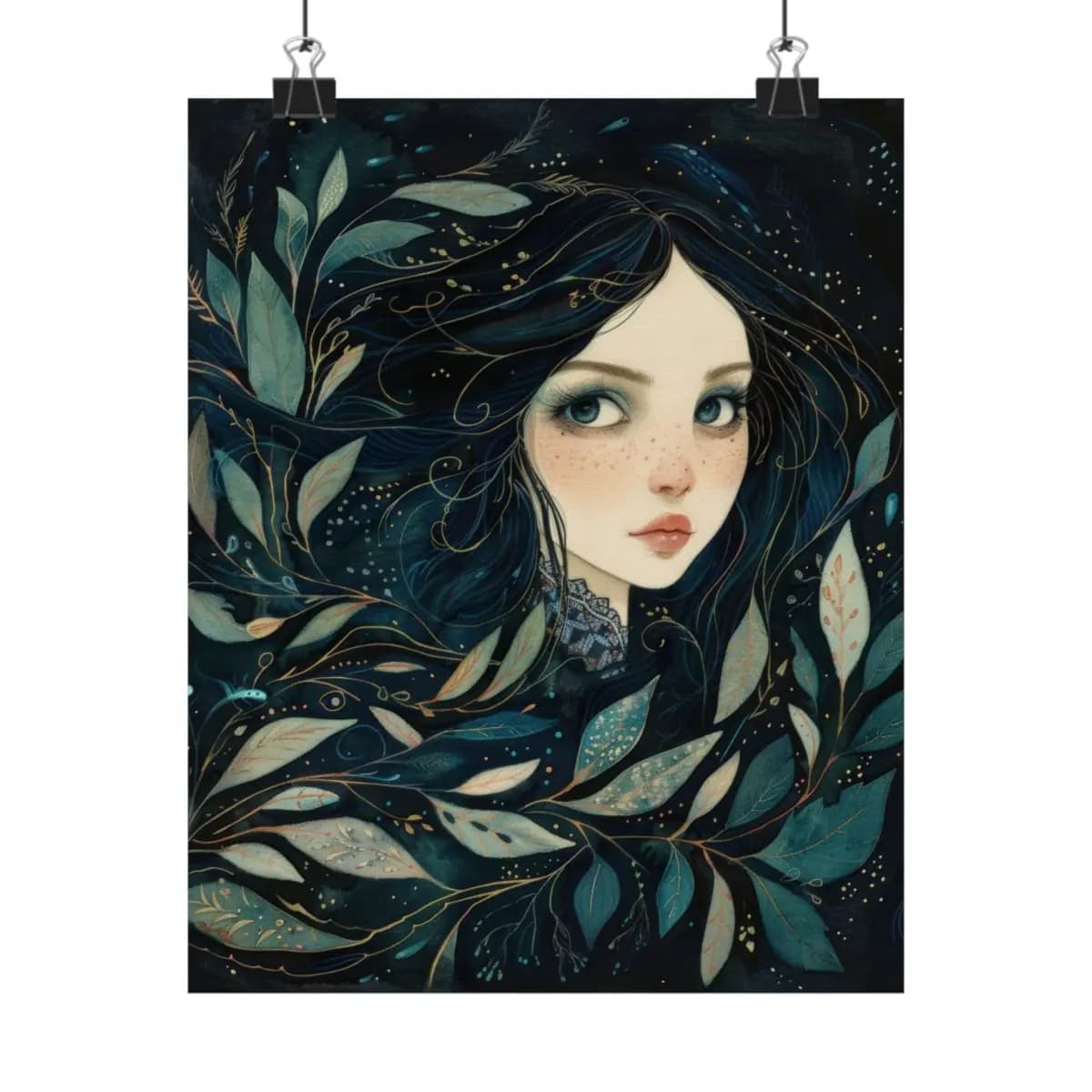 Dark-Haired Girl Entwined with Night Leaves - Matte Vertical Posters mockup angle 1
