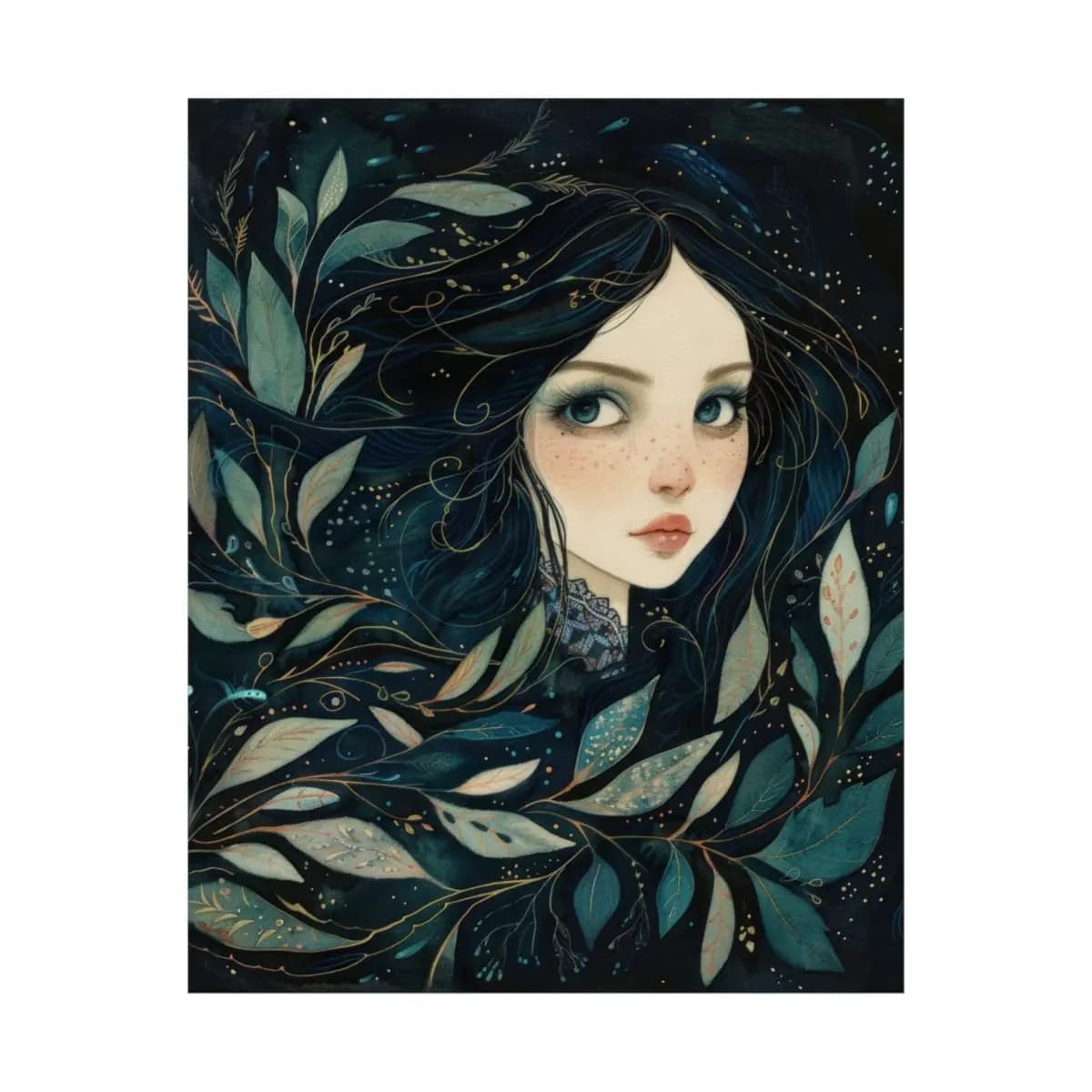 Dark-Haired Girl Entwined with Night Leaves - Matte Vertical Posters mockup angle 2