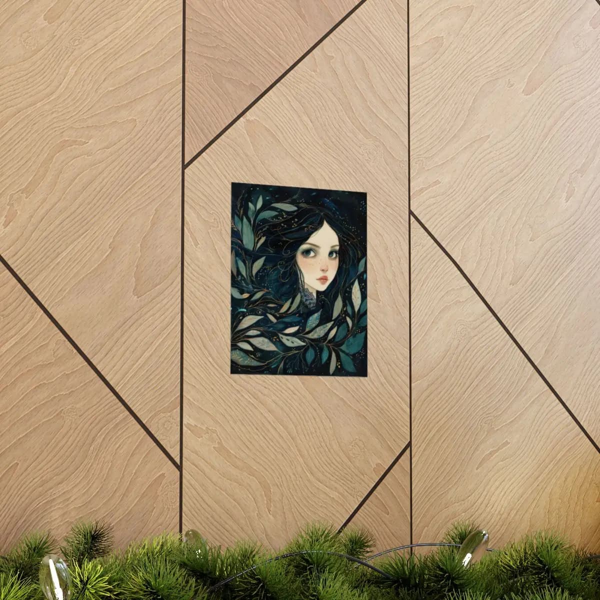 Dark-Haired Girl Entwined with Night Leaves - Matte Vertical Posters mockup angle 5