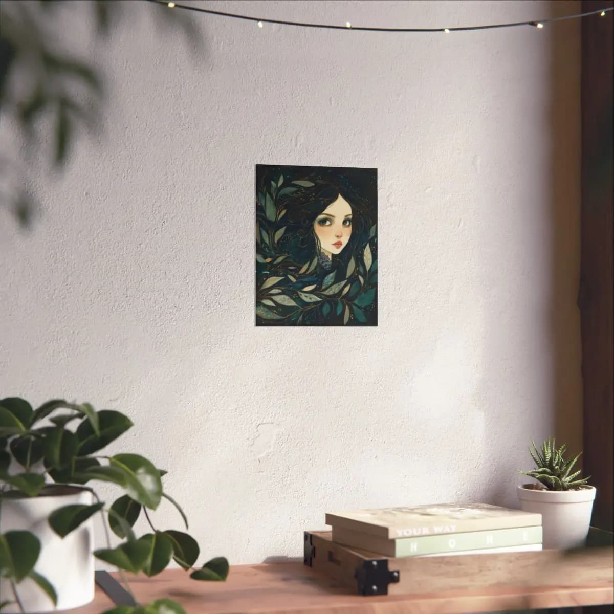 Dark-Haired Girl Entwined with Night Leaves - Matte Vertical Posters mockup angle 6