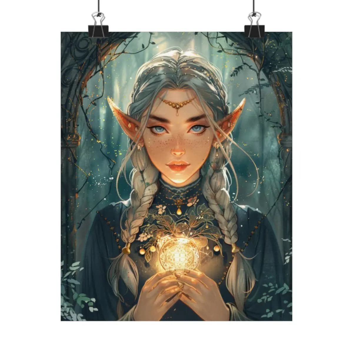 Silver-Haired Elf and the Enchanted Golden Orb - Matte Vertical Posters mockup angle 1