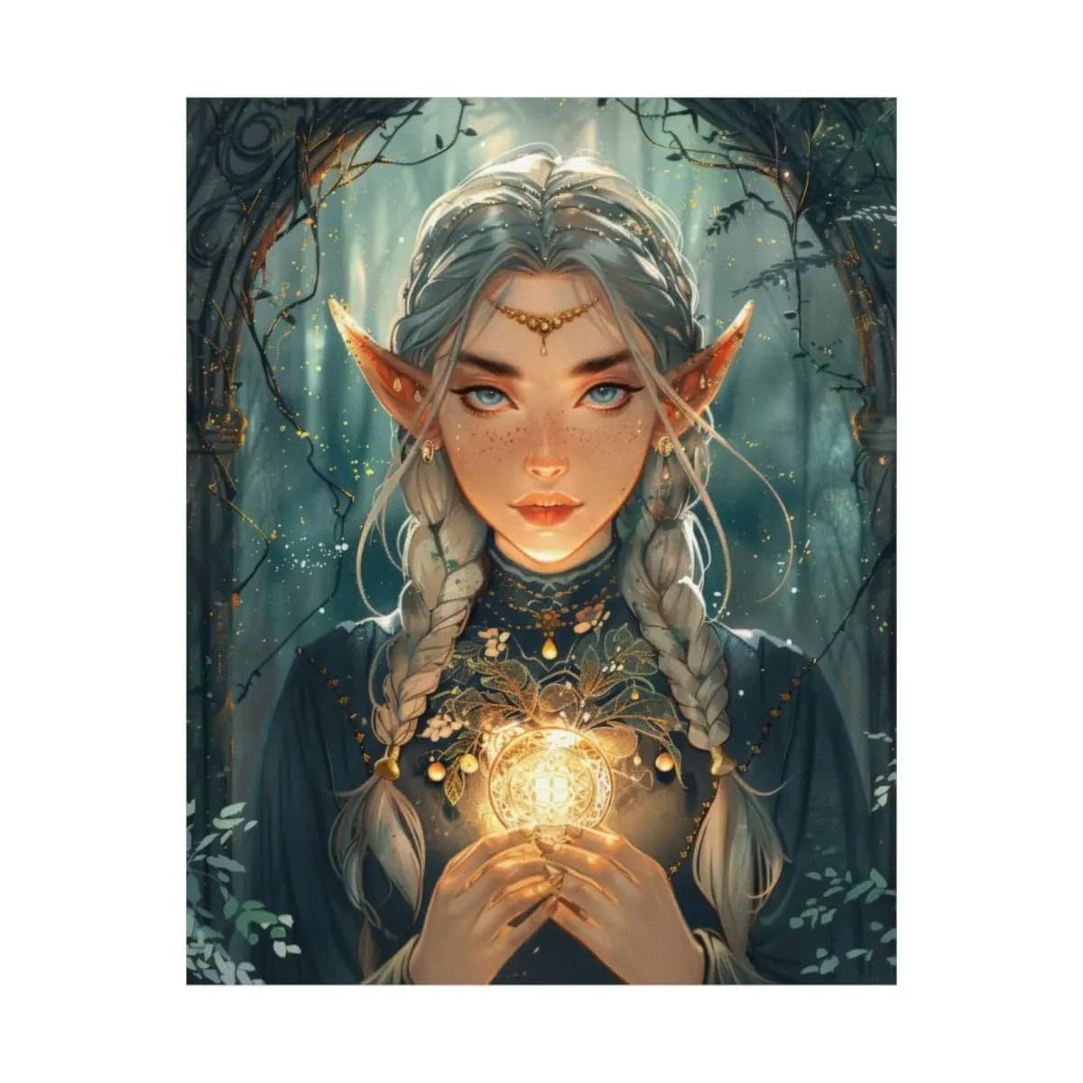 Silver-Haired Elf and the Enchanted Golden Orb - Matte Vertical Posters mockup angle 2
