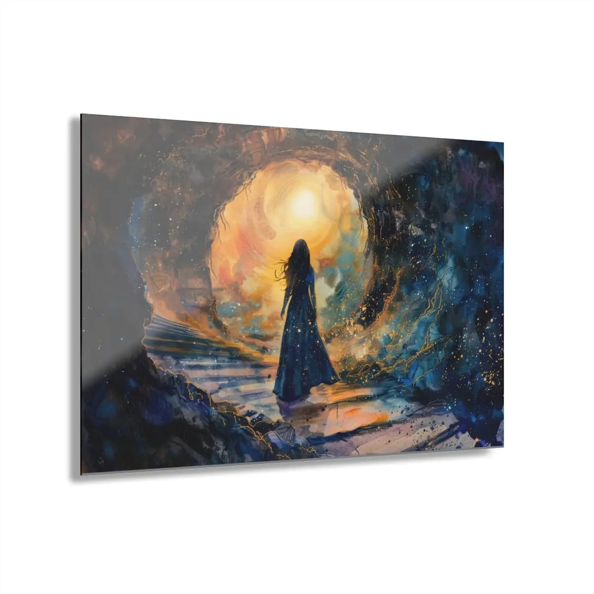 Woman at the Threshold of a Luminous Portal - Acrylic Prints (French Cleat Hanging) mockup angle 1