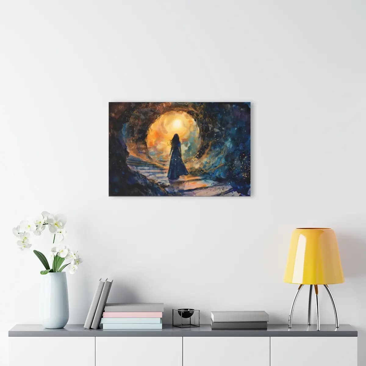 Woman at the Threshold of a Luminous Portal - Acrylic Prints (French Cleat Hanging) mockup angle 4
