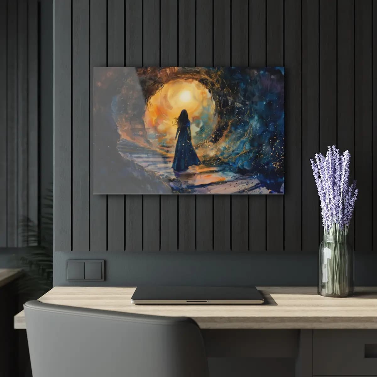 Woman at the Threshold of a Luminous Portal - Acrylic Prints (French Cleat Hanging) mockup angle 5