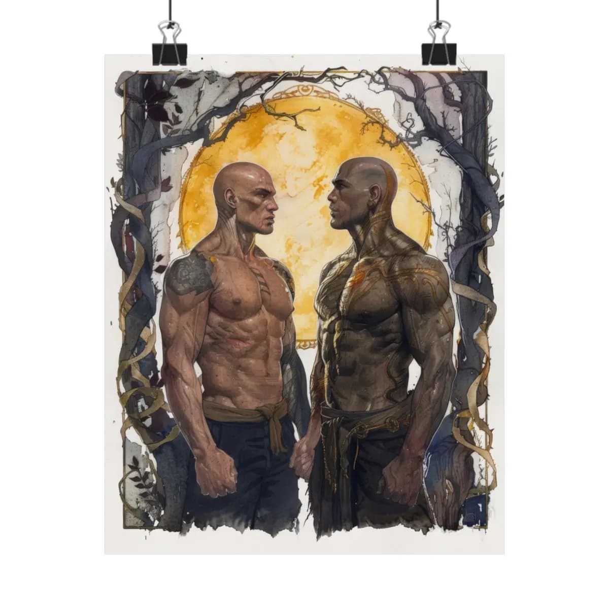 Two Tattooed Warriors Facing Each Other at Golden Moon - Matte Vertical Posters mockup angle 1