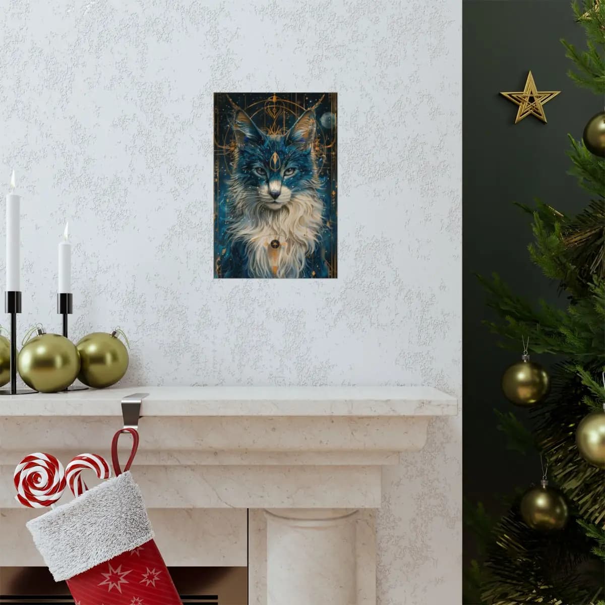 The Celestial Cat of Golden Symbols - Matte Vertical Posters mockup angle 7