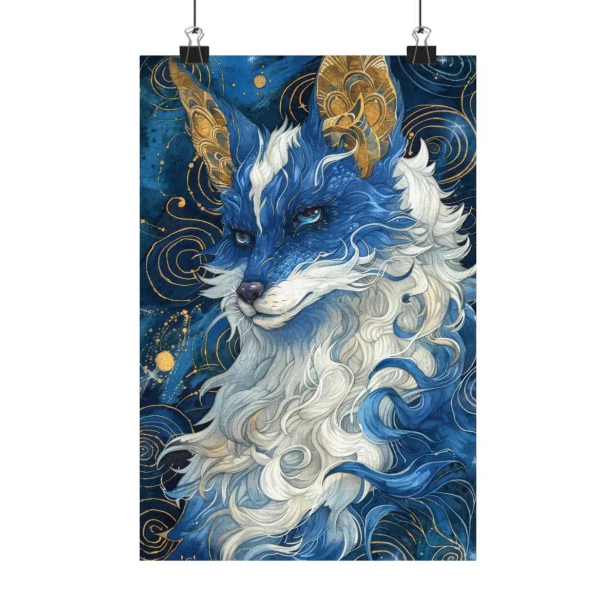 Celestial Fox in Gold and Midnight Blue - Matte Vertical Posters mockup angle 1