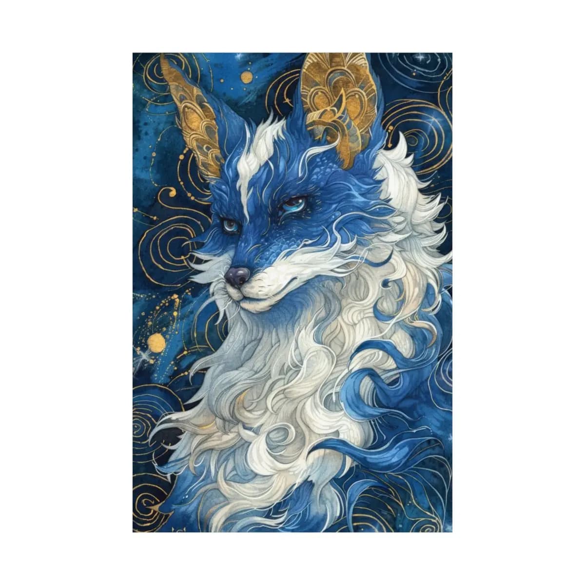 Celestial Fox in Gold and Midnight Blue - Matte Vertical Posters mockup angle 2