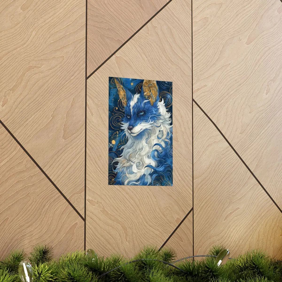 Celestial Fox in Gold and Midnight Blue - Matte Vertical Posters mockup angle 5