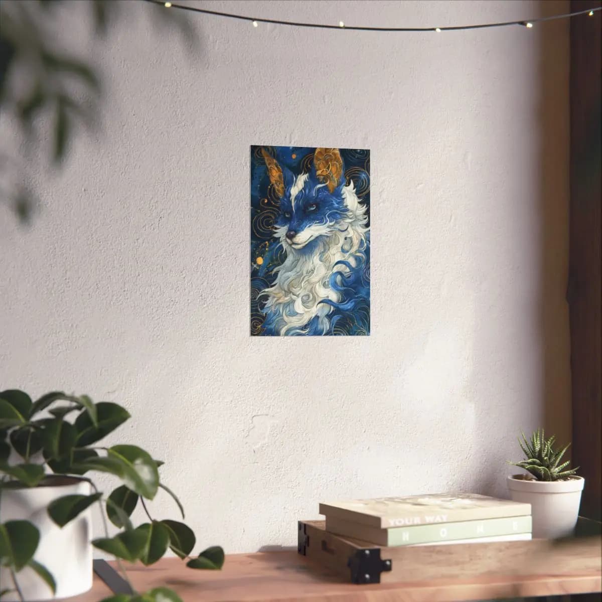 Celestial Fox in Gold and Midnight Blue - Matte Vertical Posters mockup angle 6