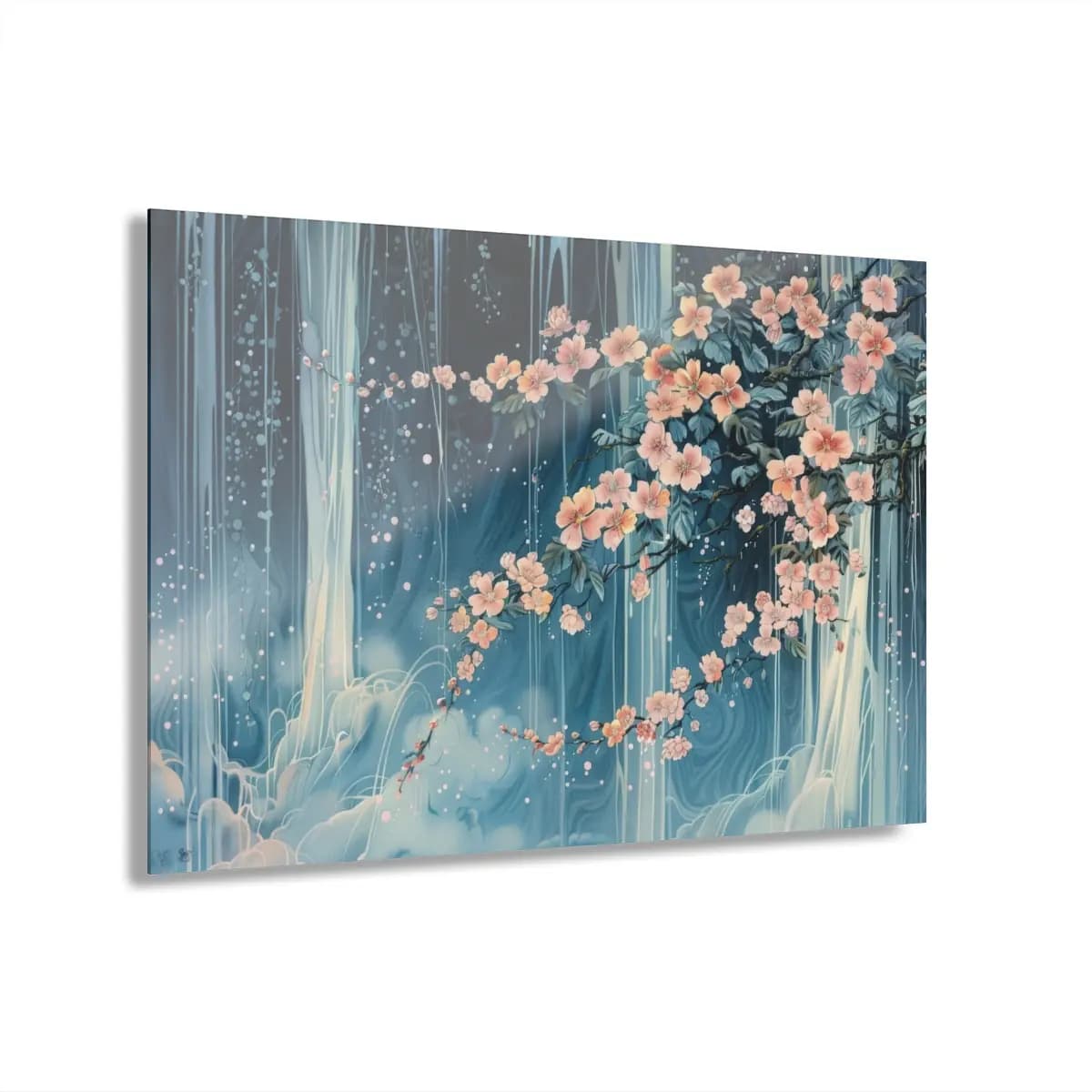 Cherry Blossoms Drifting Through Luminous Blue - Acrylic Prints (French Cleat Hanging) mockup angle 1