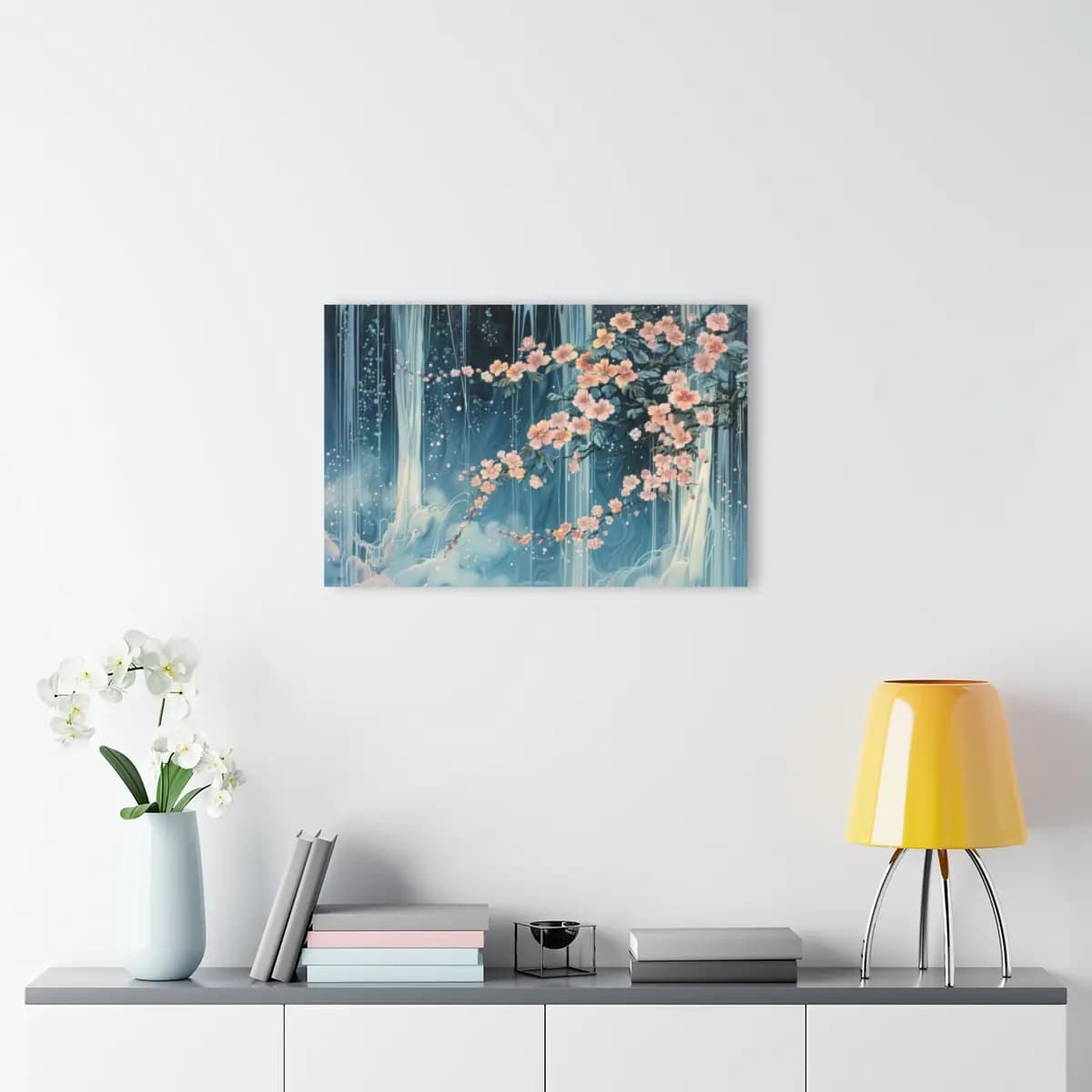 Cherry Blossoms Drifting Through Luminous Blue - Acrylic Prints (French Cleat Hanging) mockup angle 4