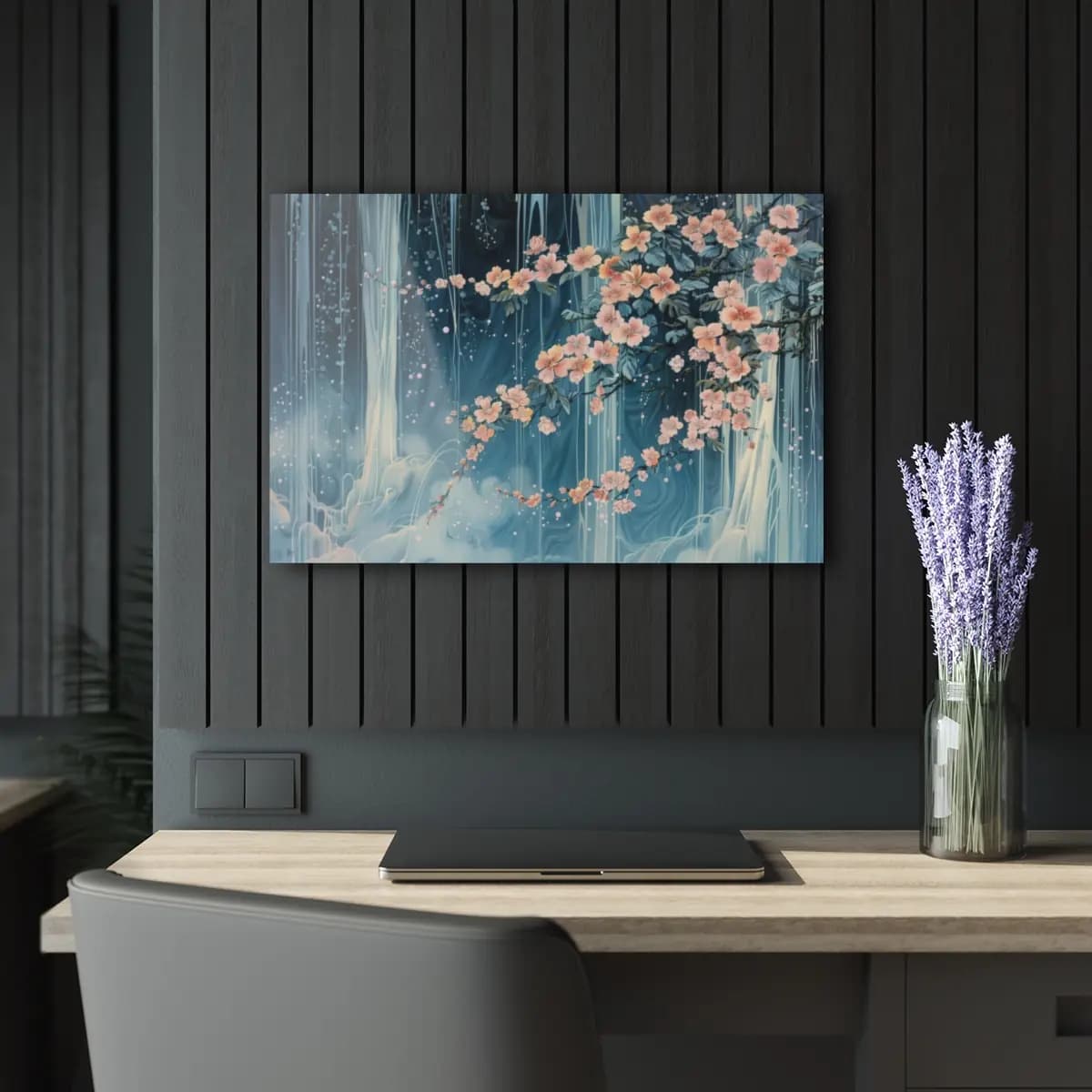 Cherry Blossoms Drifting Through Luminous Blue - Acrylic Prints (French Cleat Hanging) mockup angle 5