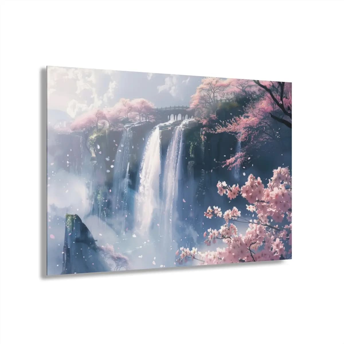 Cherry Blossom Waterfalls Over Misty Cliffs - Acrylic Prints (French Cleat Hanging) mockup angle 1