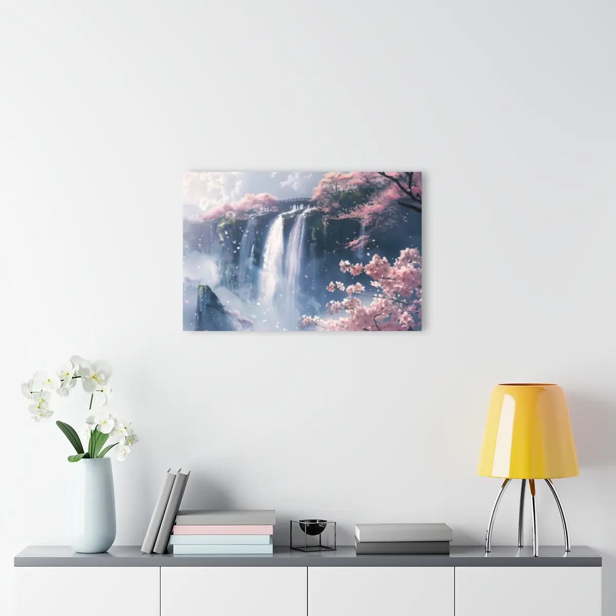 Cherry Blossom Waterfalls Over Misty Cliffs - Acrylic Prints (French Cleat Hanging) mockup angle 4