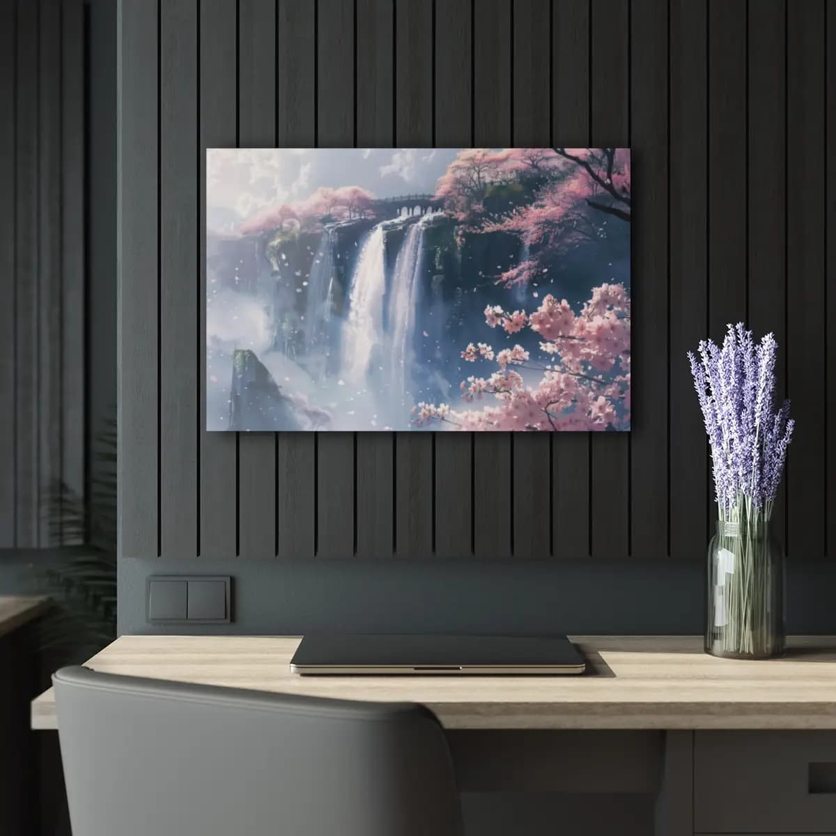 Cherry Blossom Waterfalls Over Misty Cliffs - Acrylic Prints (French Cleat Hanging) mockup angle 5