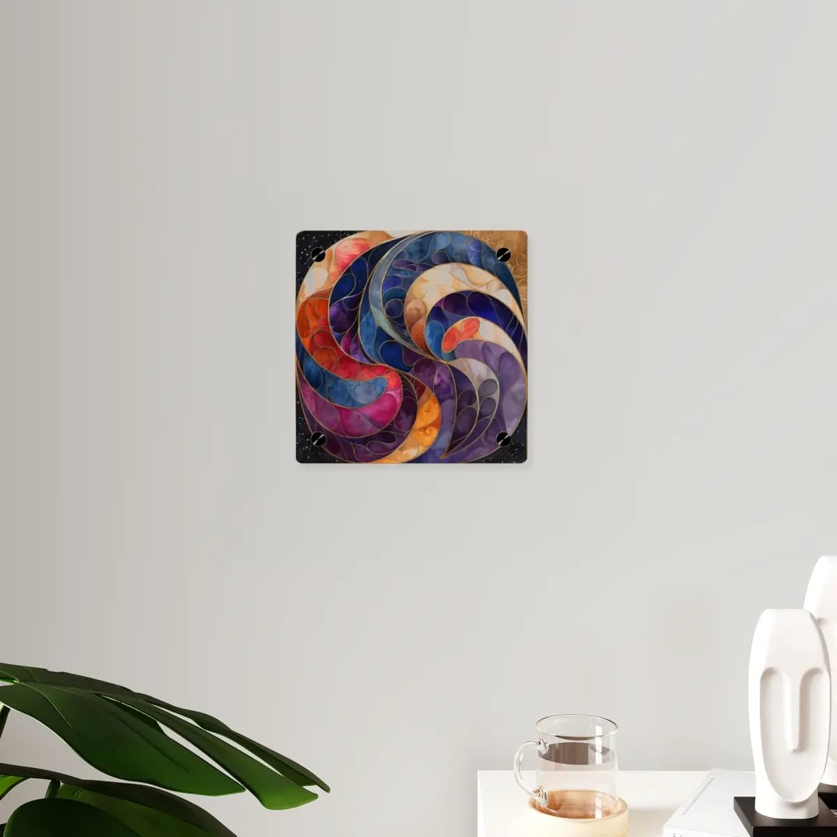 Golden Stained-Glass Cosmic Spiral Medallion - Acrylic Wall Art Panels mockup angle 3