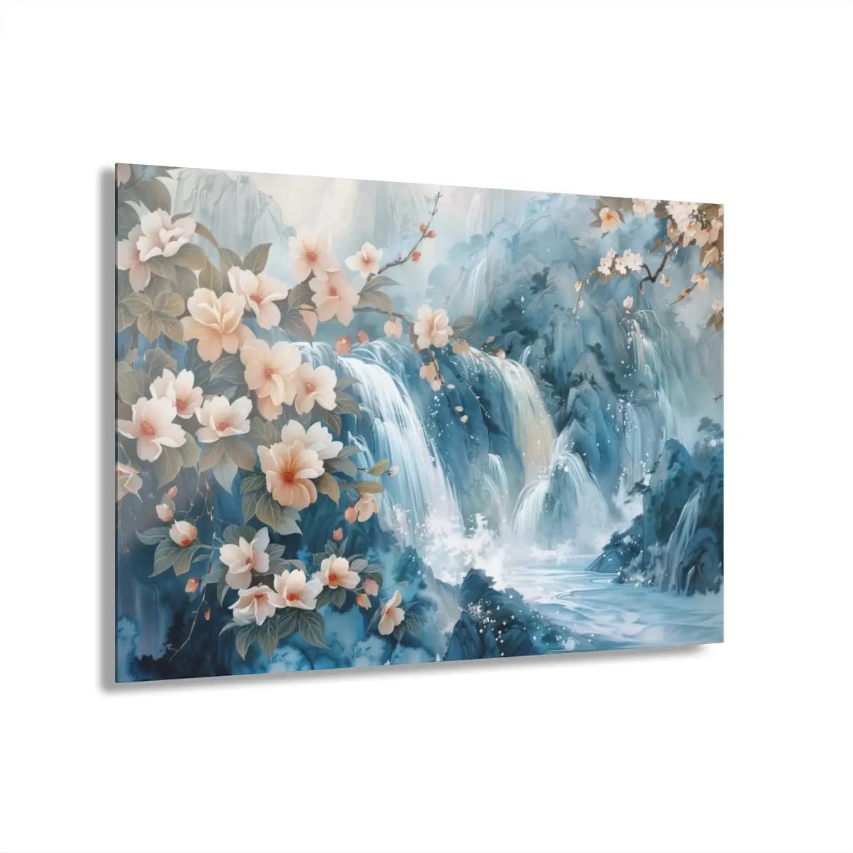 Cascading Waterfalls and Magnolias in Misty Mountains - Acrylic Prints (French Cleat Hanging) mockup angle 1