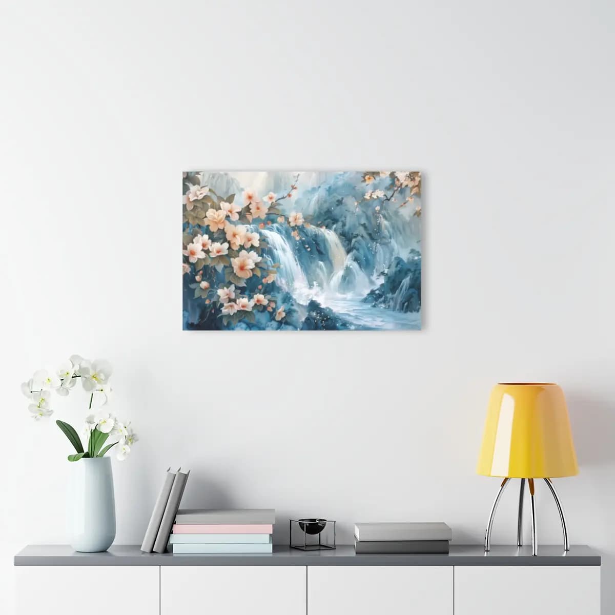 Cascading Waterfalls and Magnolias in Misty Mountains - Acrylic Prints (French Cleat Hanging) mockup angle 4