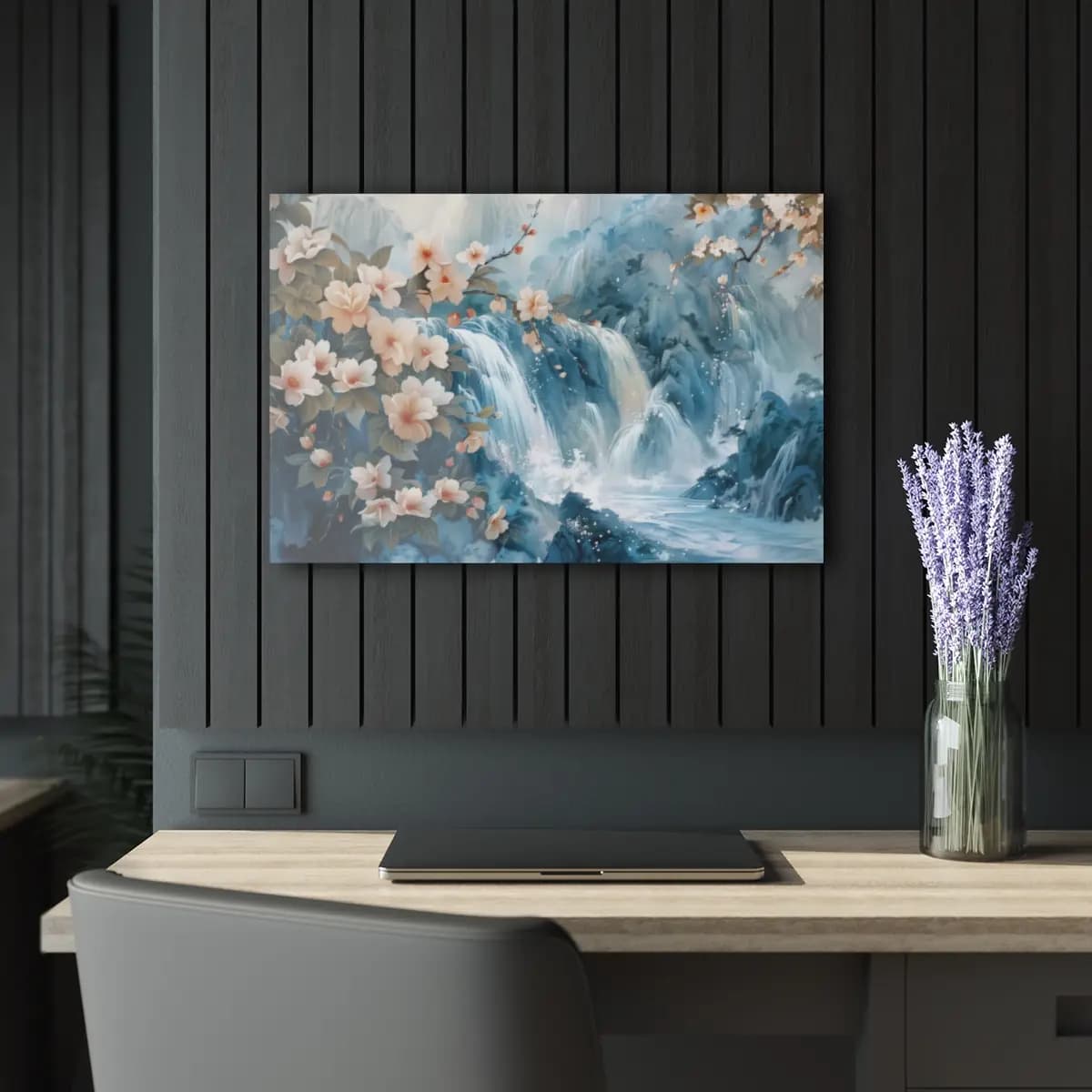 Cascading Waterfalls and Magnolias in Misty Mountains - Acrylic Prints (French Cleat Hanging) mockup angle 5
