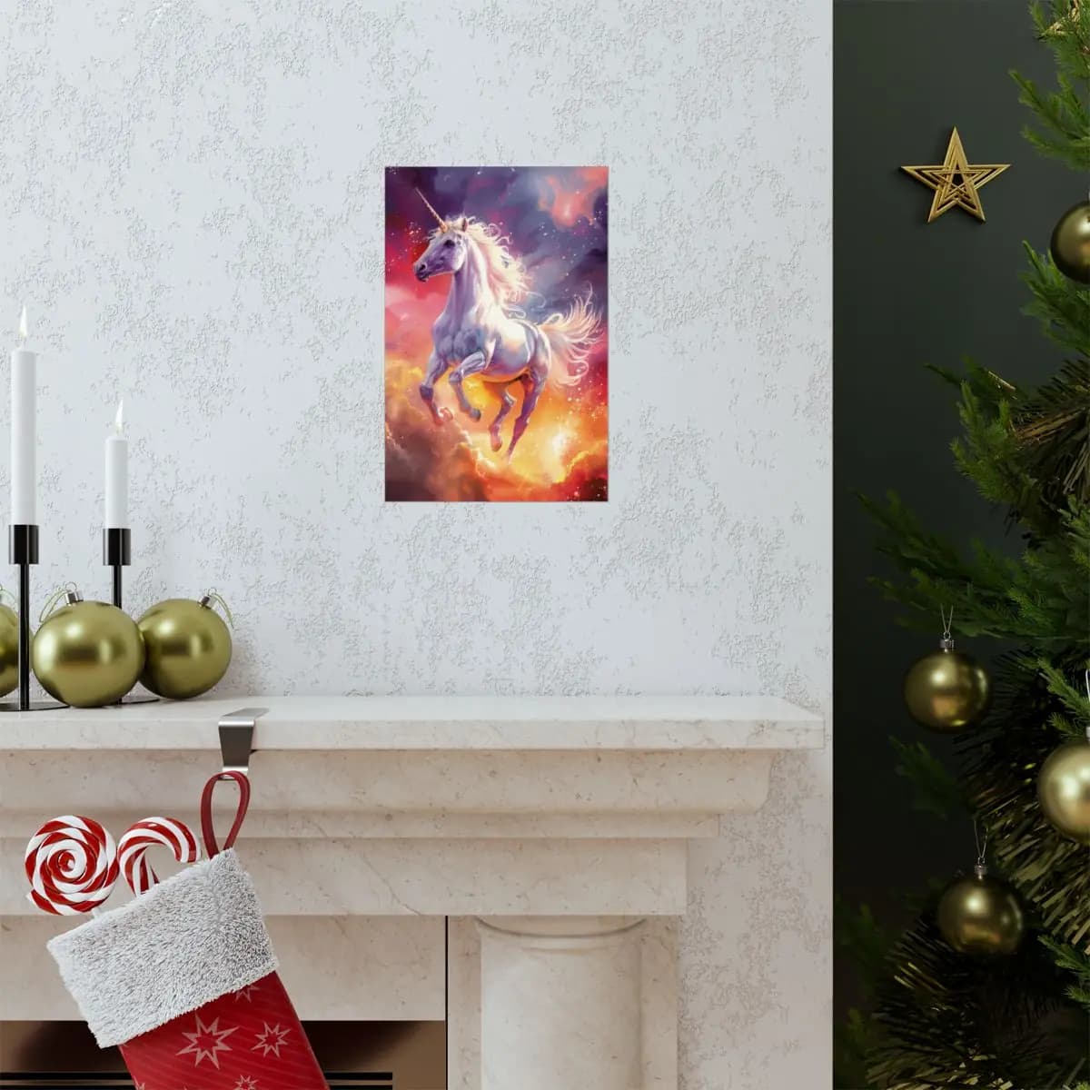 Celestial Unicorn Rearing Through Fiery Clouds - Matte Vertical Posters mockup angle 7
