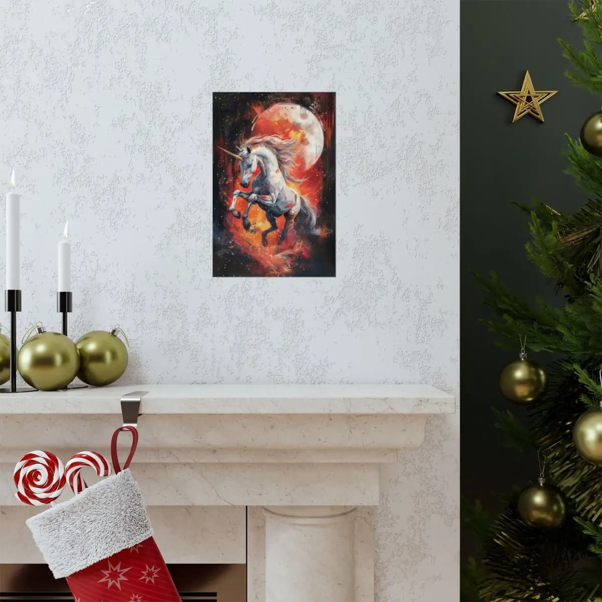 Rearing Unicorn Beneath a Blood Moon - Matte Vertical Posters mockup angle 7