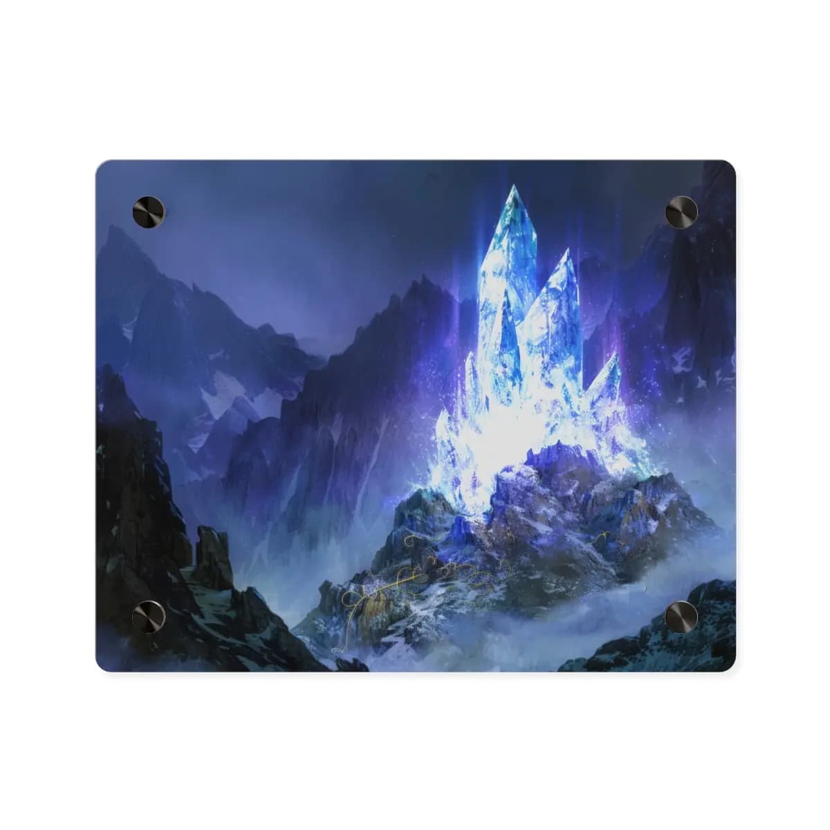Luminous Magic Crystals Rising Through Mountain Mist - Acrylic Wall Art Panels mockup angle 1