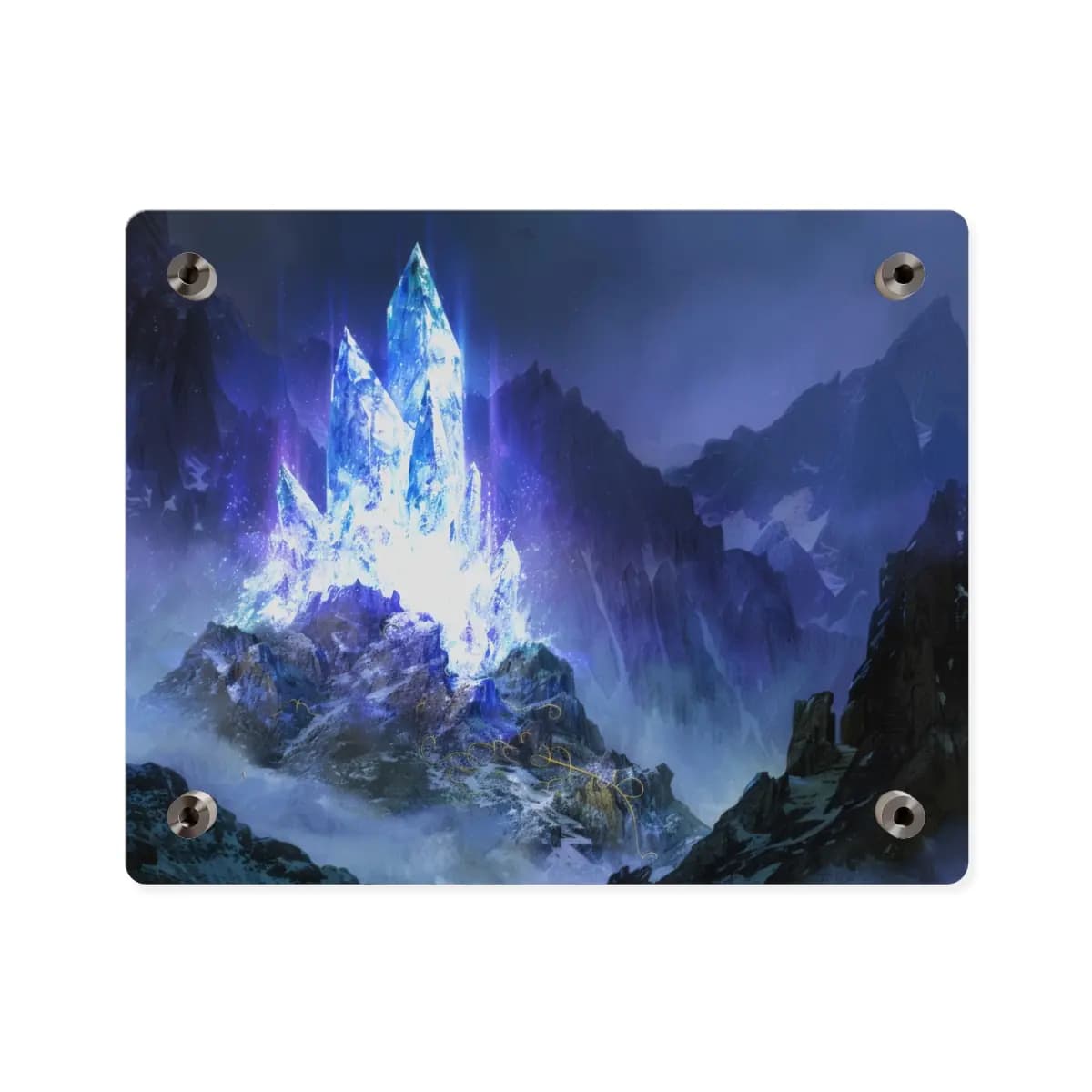 Luminous Magic Crystals Rising Through Mountain Mist - Acrylic Wall Art Panels mockup angle 2