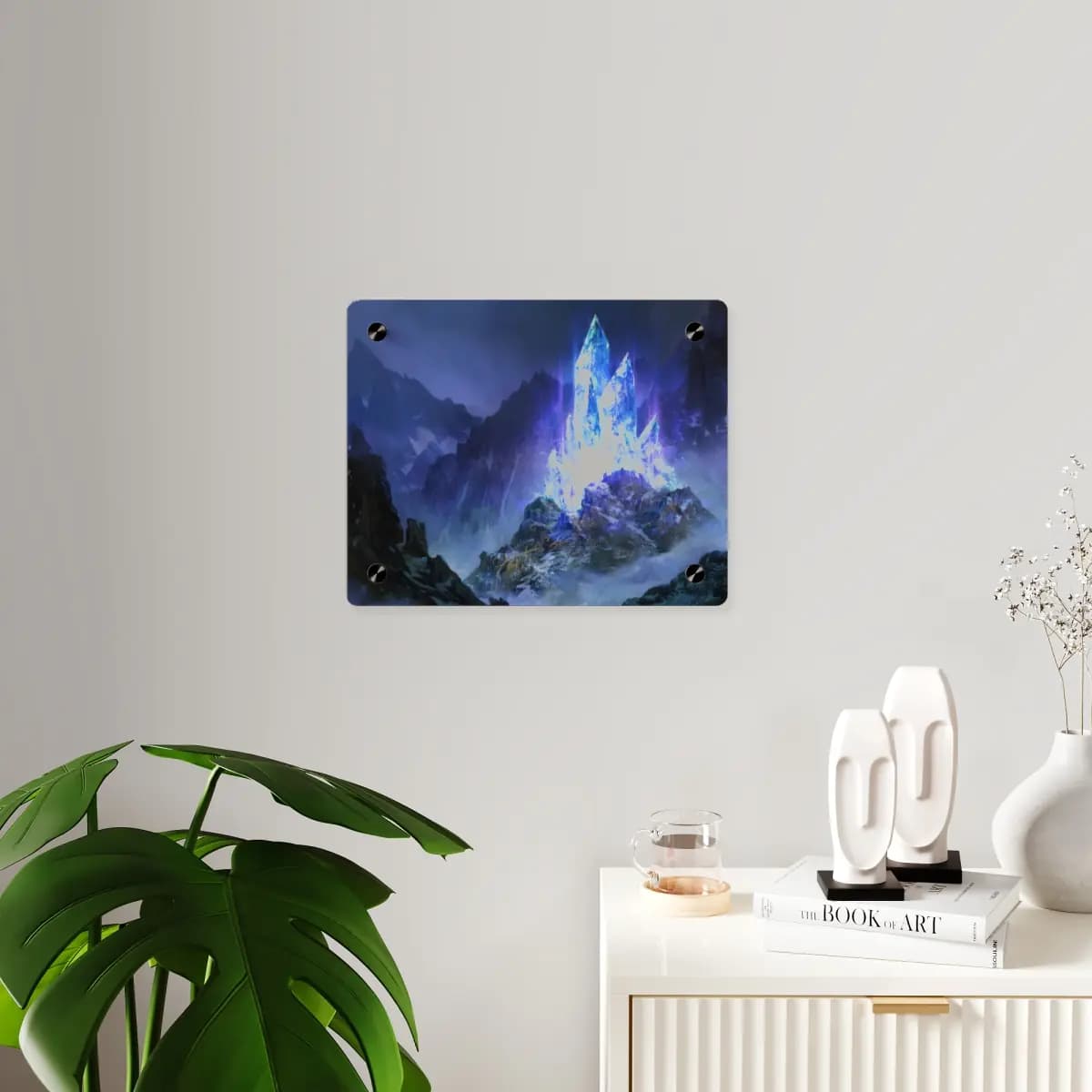 Luminous Magic Crystals Rising Through Mountain Mist - Acrylic Wall Art Panels mockup angle 3