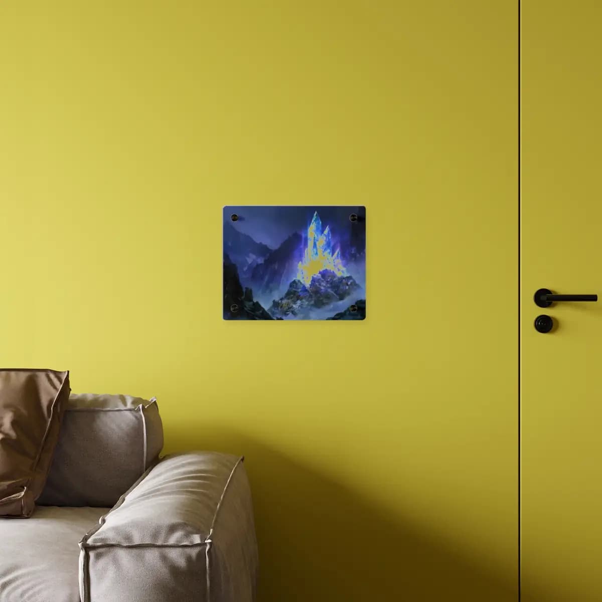 Luminous Magic Crystals Rising Through Mountain Mist - Acrylic Wall Art Panels mockup angle 4